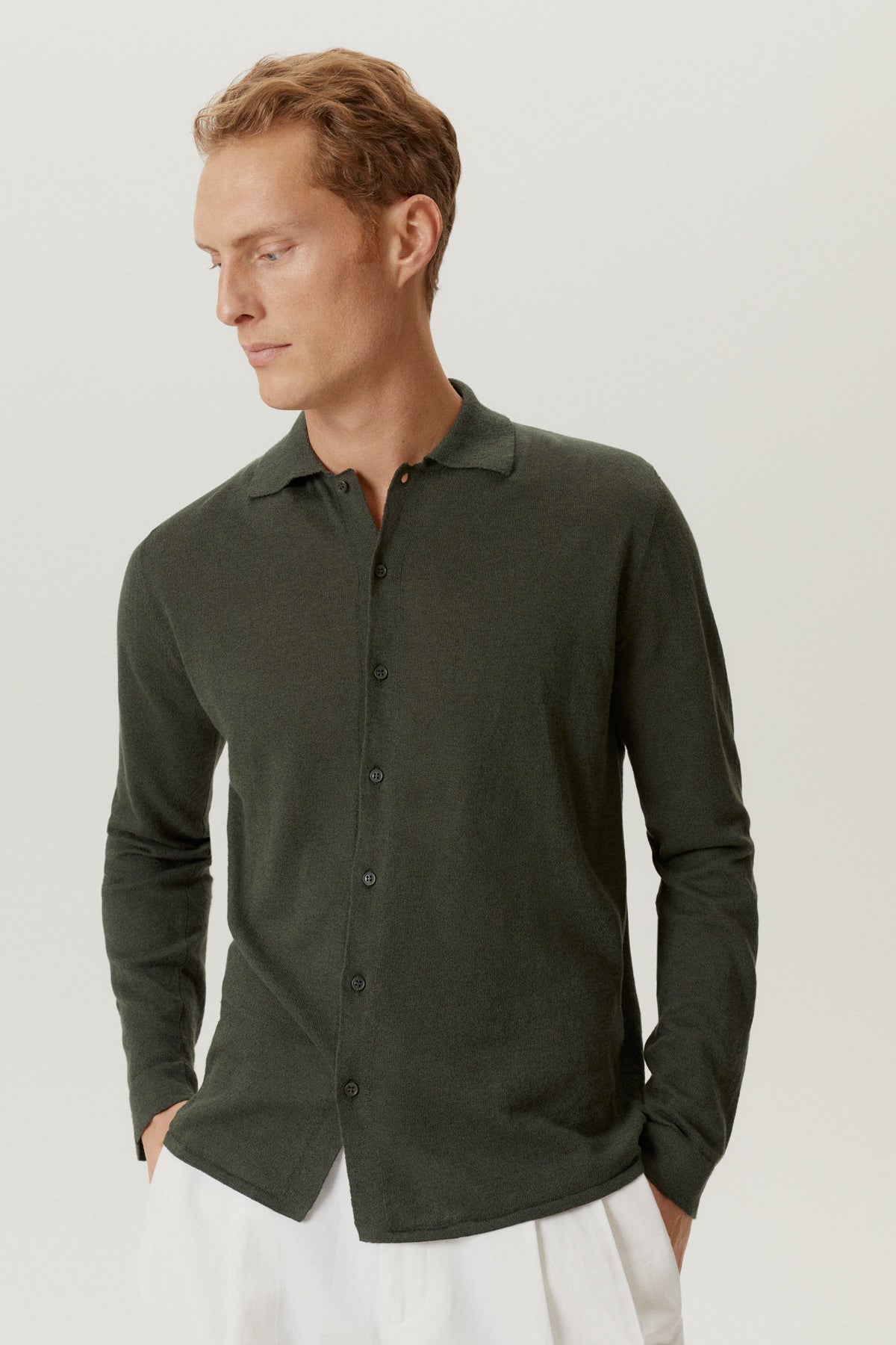 the linen cotton knit shirt military green