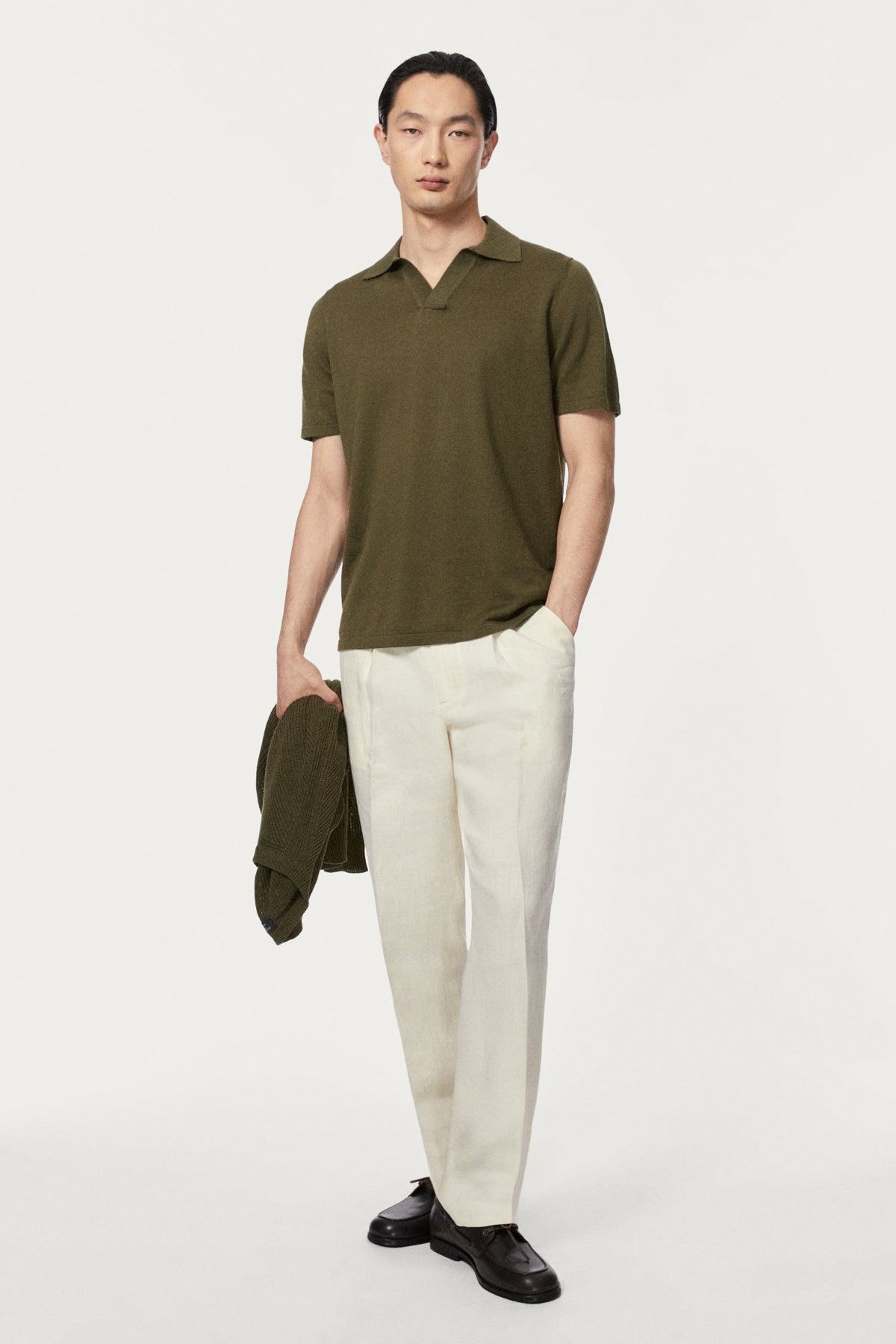 The Linen Cotton Short Sleeve Polo - olive green