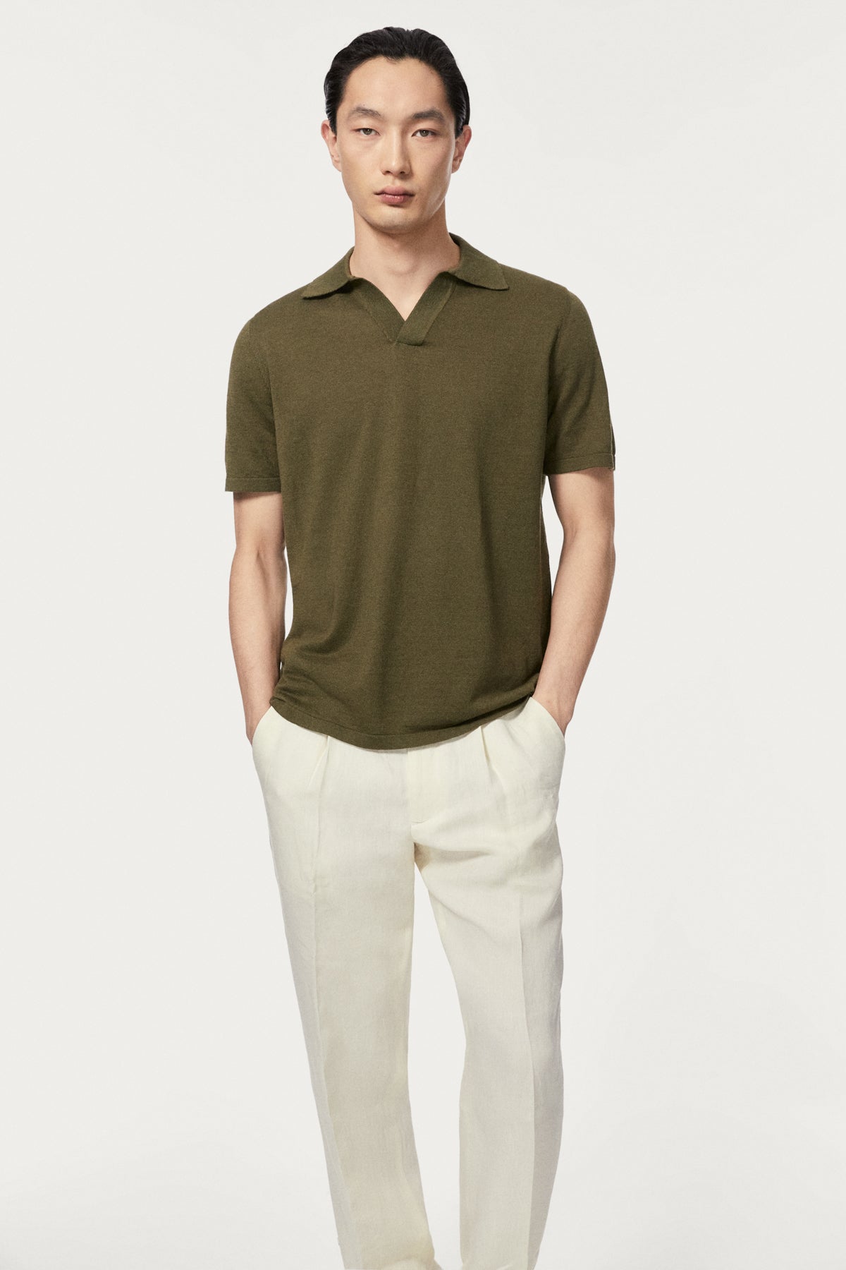 The Linen Cotton Short Sleeve Polo - olive green