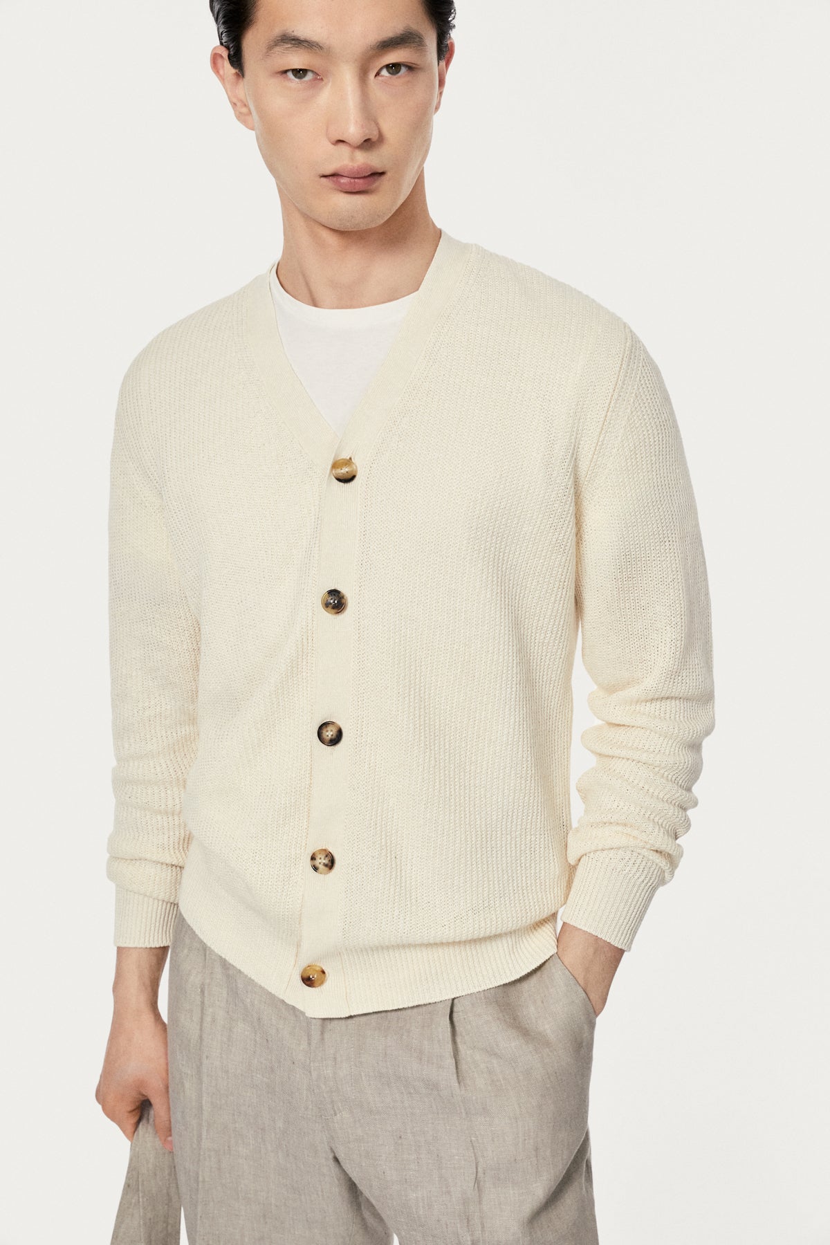 The Linen Cotton Ribbed Cardigan ivory