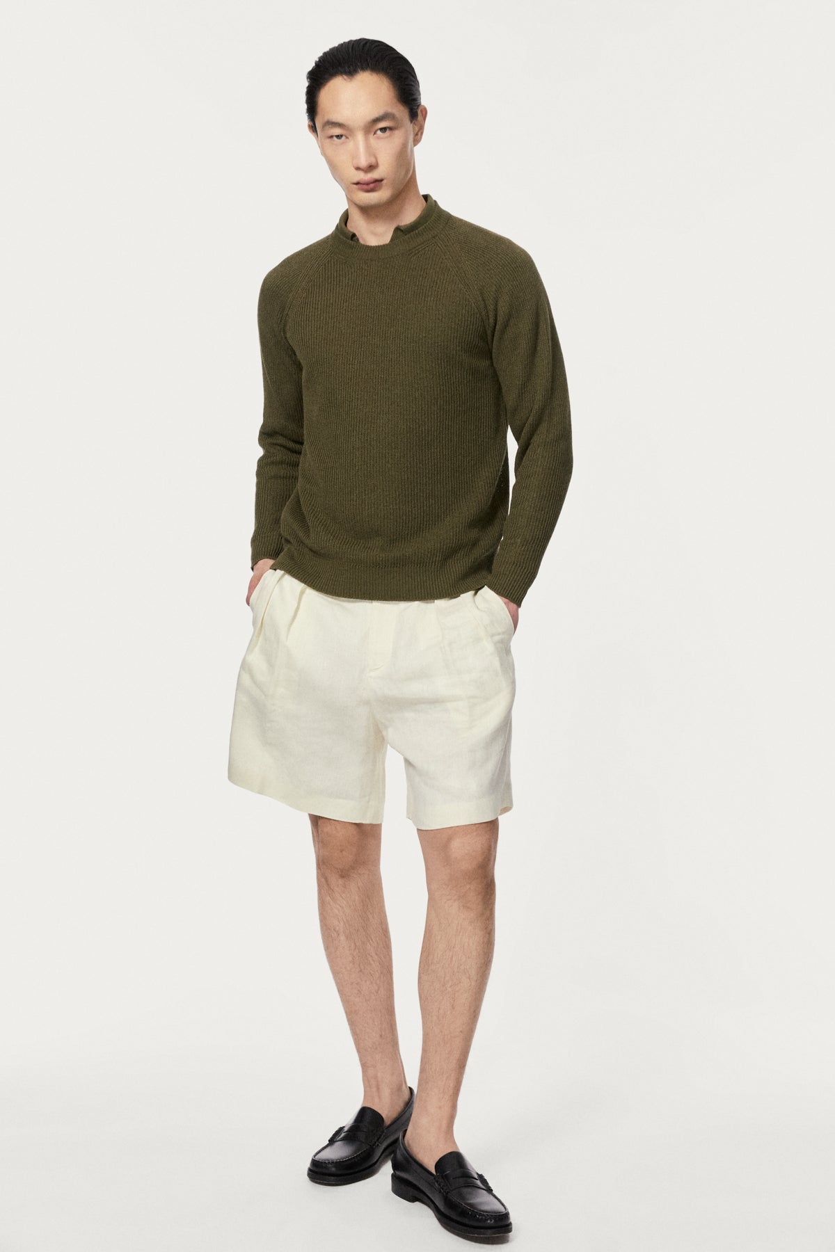 The Linen Cotton Ribbed Sweater - olive green