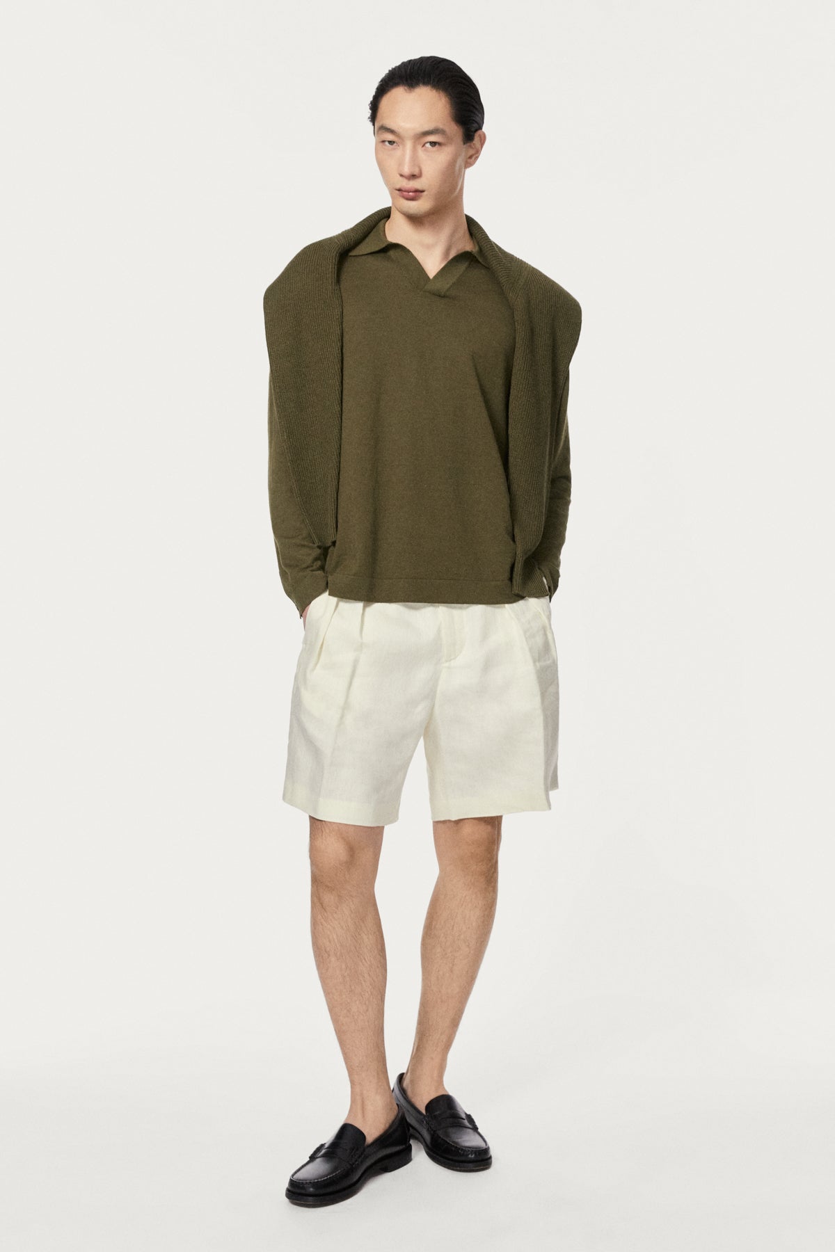The Long-Sleeve Linen Cotton Polo - olive green