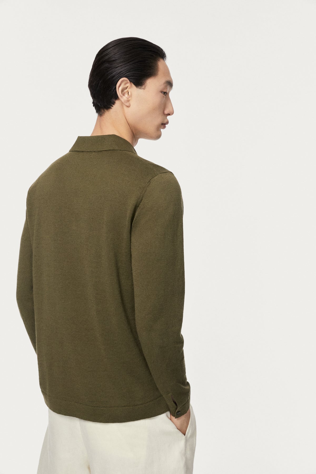 The Long-Sleeve Linen Cotton Polo - olive green