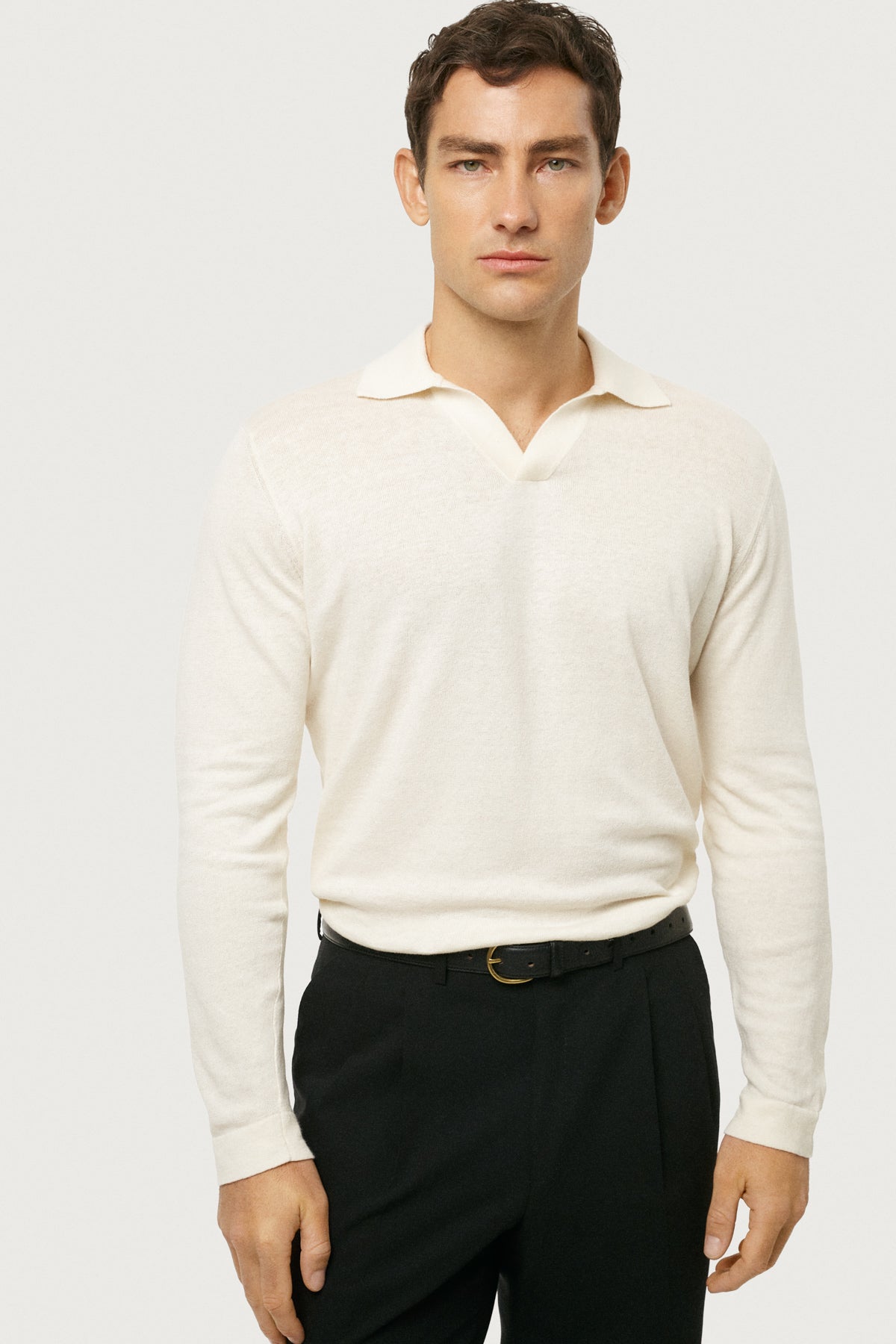 white long sleeve polo dress shirt The Long-Sleeve Linen Cotton Polo
