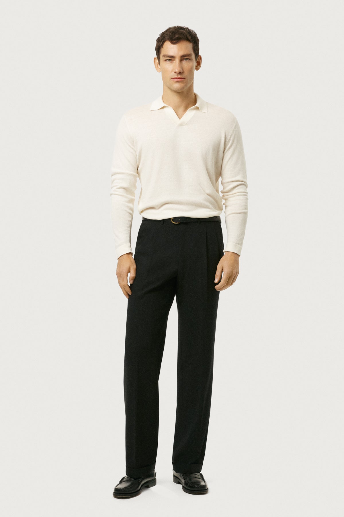 The Long-Sleeve Linen Cotton Polo Milk White