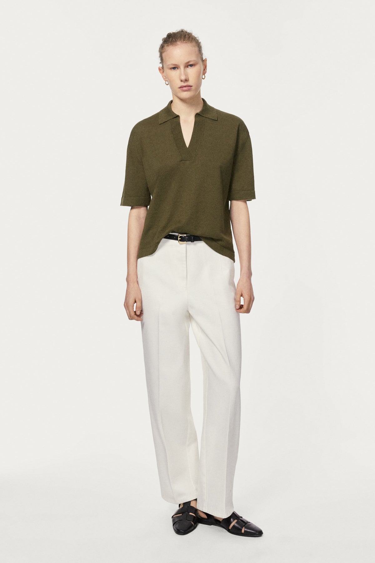The Linen Cotton Boxy Polo - olive green
