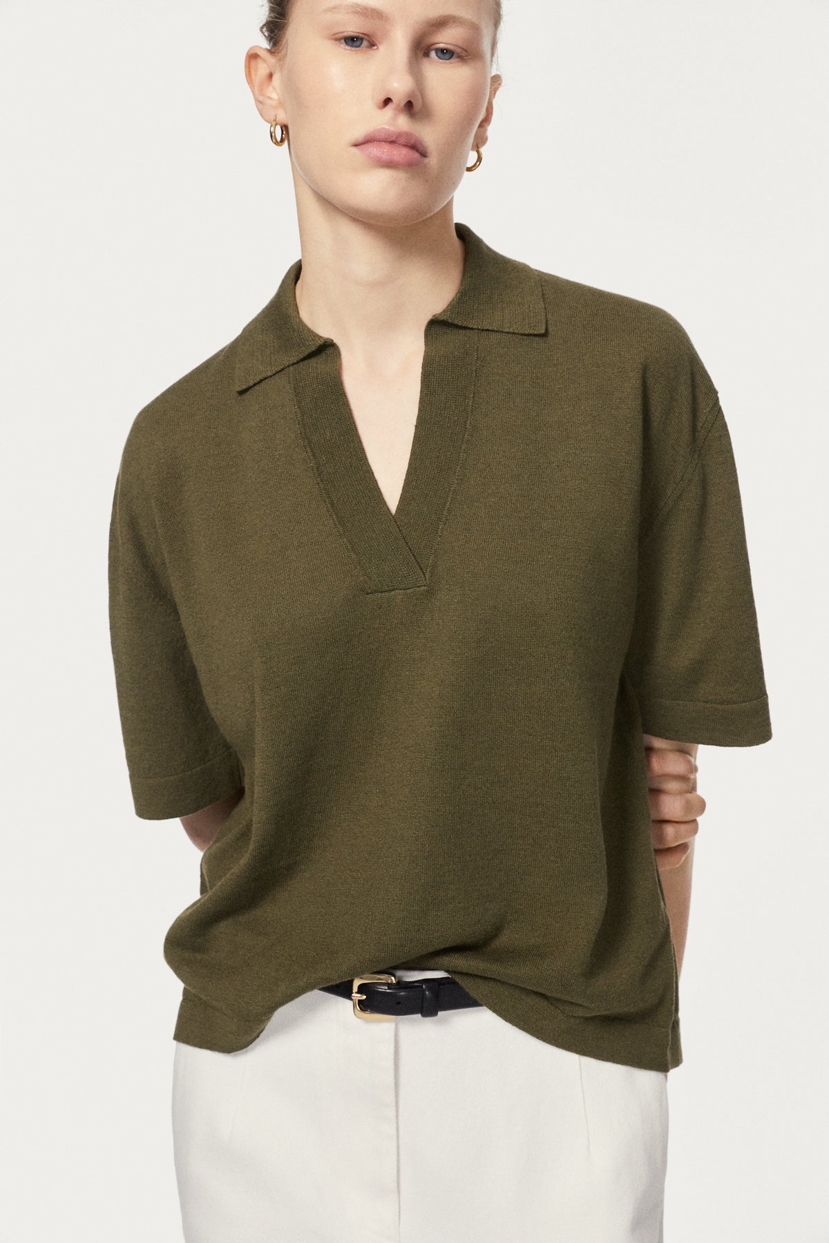 The Linen Cotton Boxy Polo - olive green