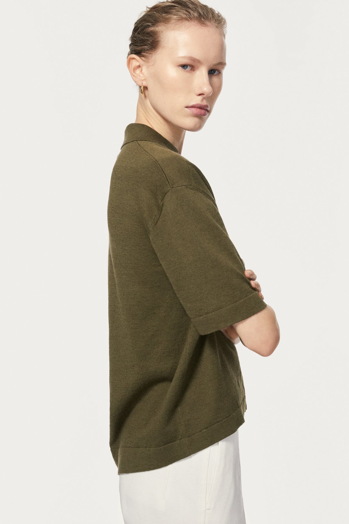 The Linen Cotton Boxy Polo - olive green