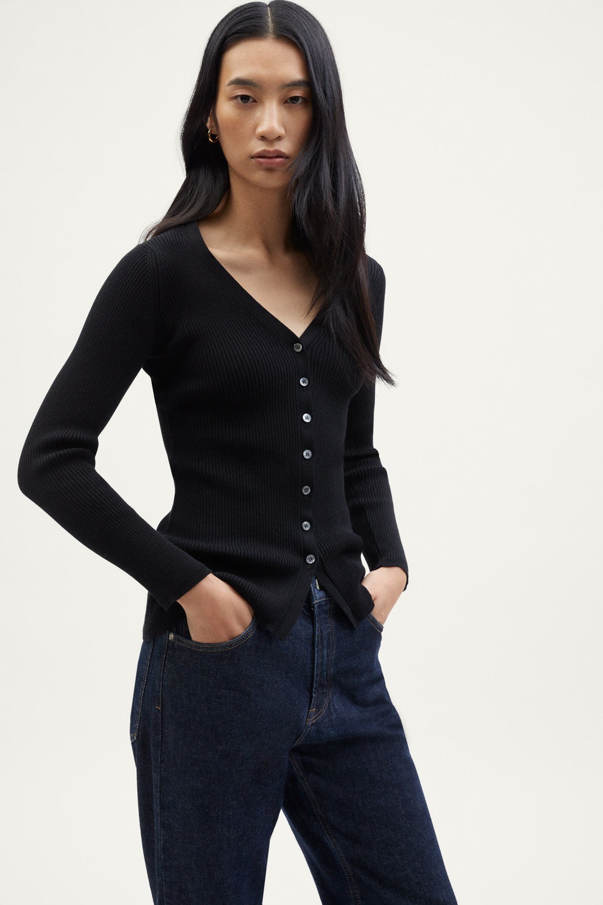 The Organic Cotton Ribbed Cardigan black