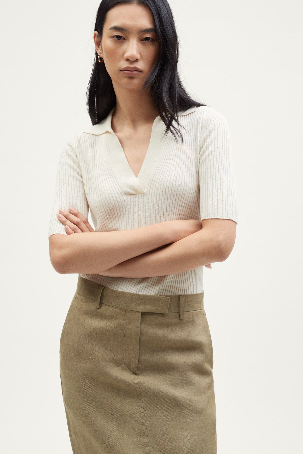 the linen cotton ribbed polo milk white