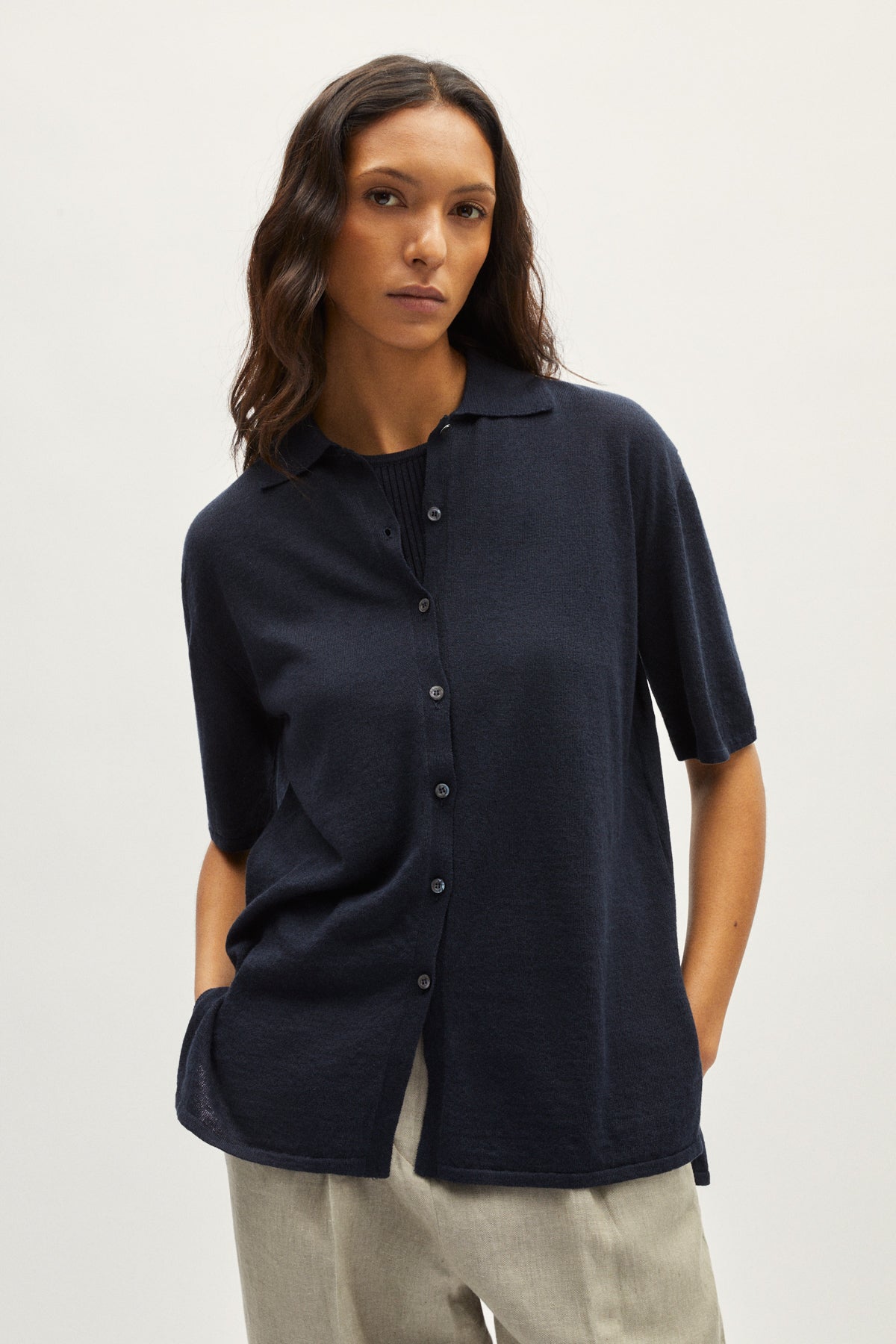 the linen cotton short sleeve relaxed shirt blue navy