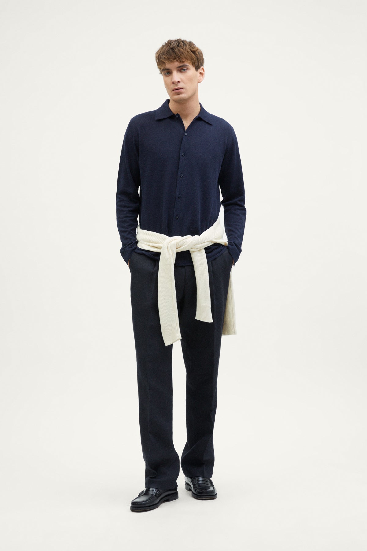 the linen cotton knit shirt blue navy