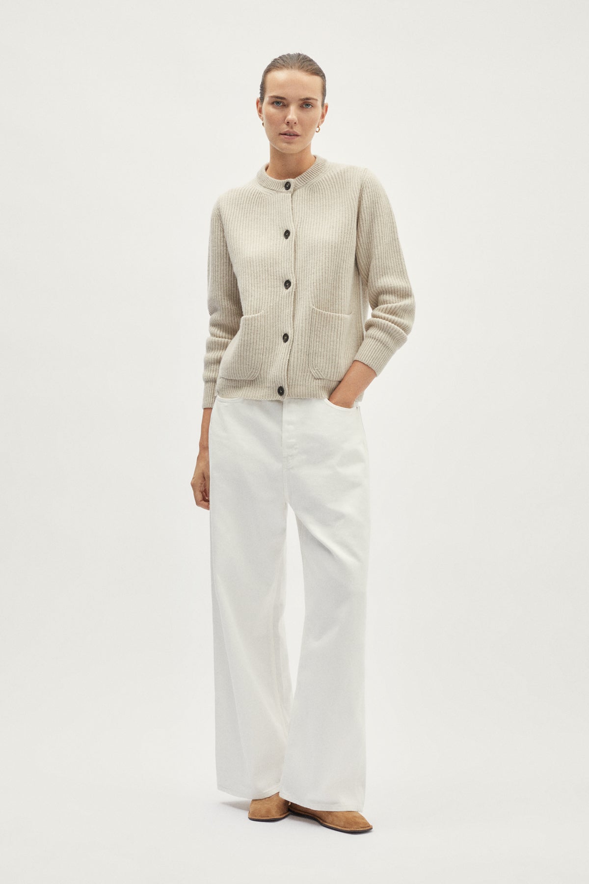 The Woolen Crewneck Ribbed Cardigan - ecru