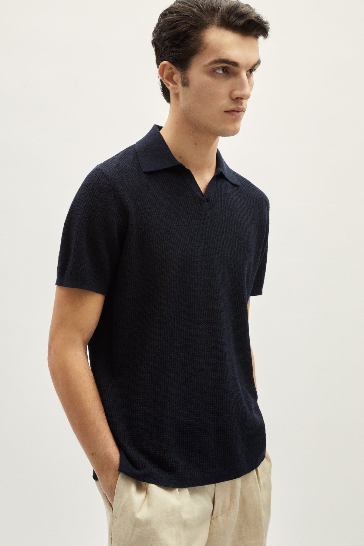the linen cotton crochet polo blue navy