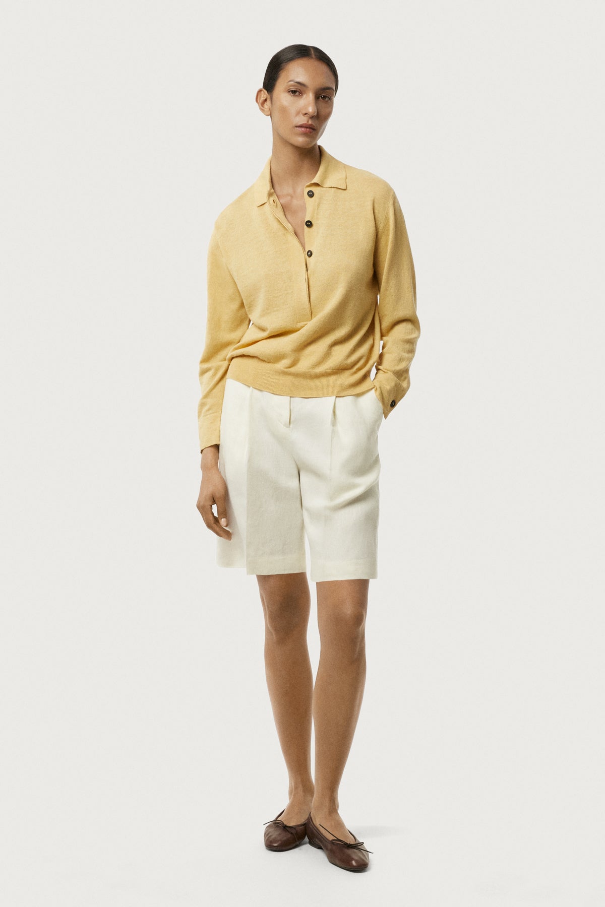 The Linen Cotton Vintage Long Sleeve Polo Saffron