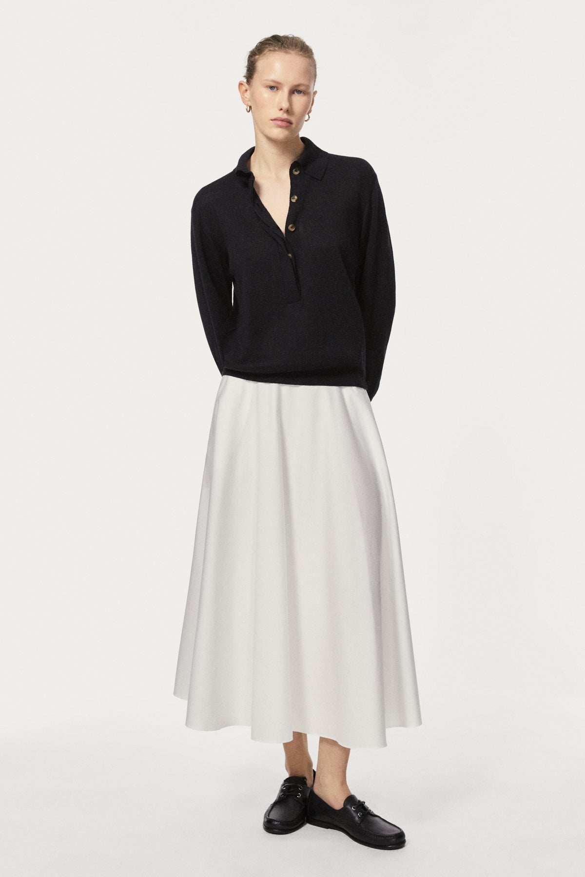 linen cotton vintage long sleeves polo - black