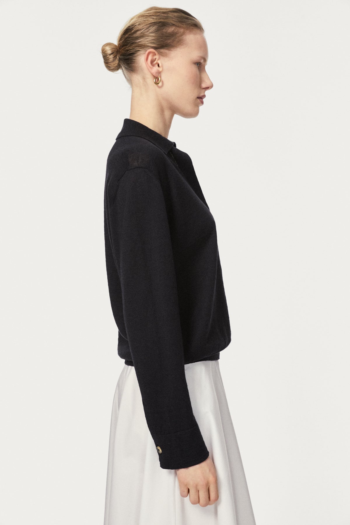 linen cotton vintage long sleeves polo - black