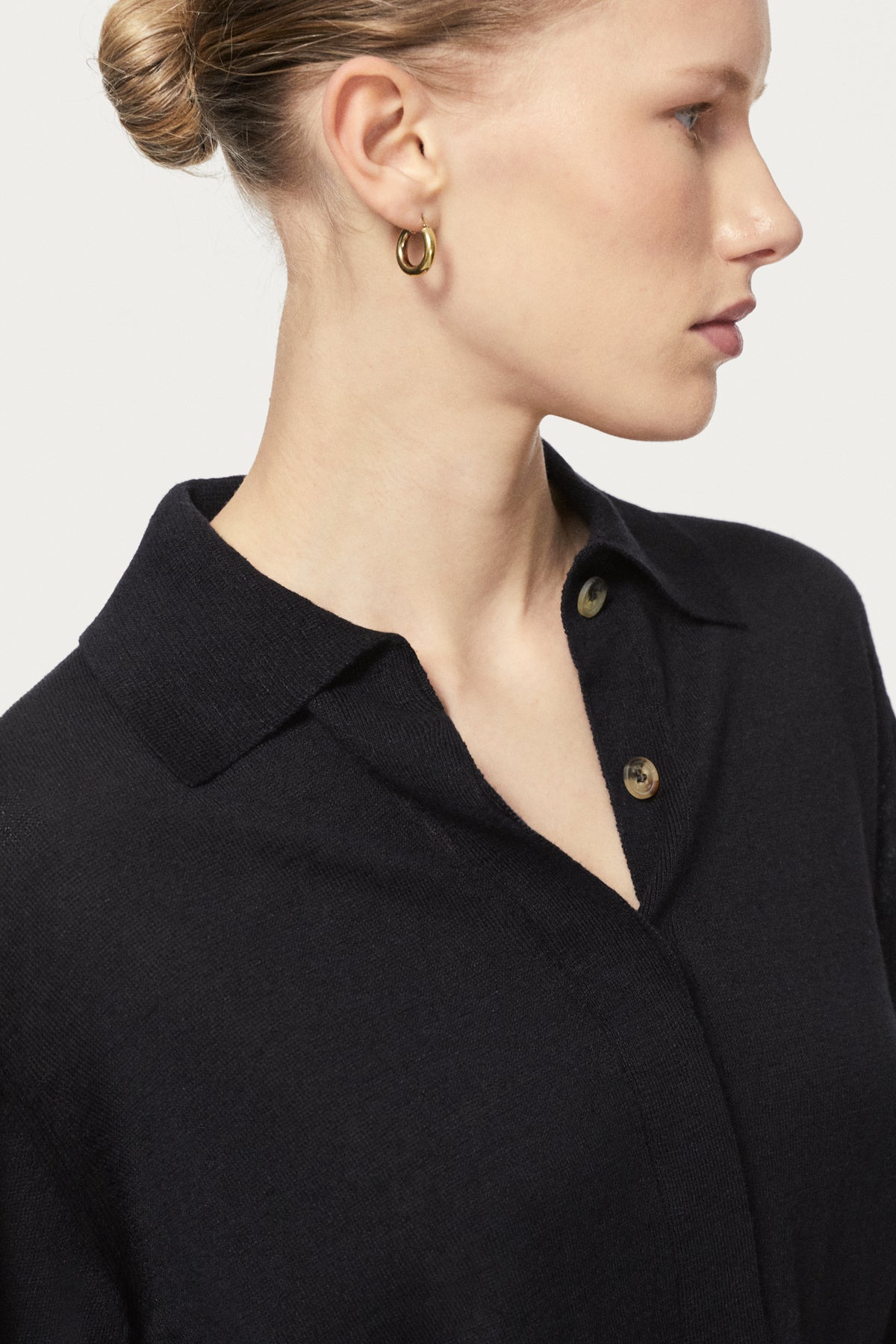 linen cotton vintage long sleeves polo - black