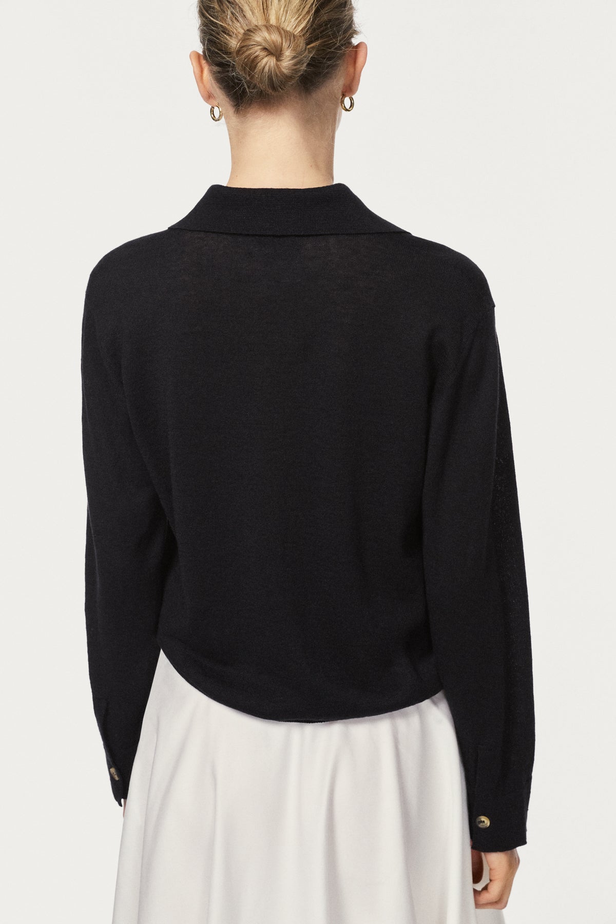 linen cotton vintage long sleeves polo - black