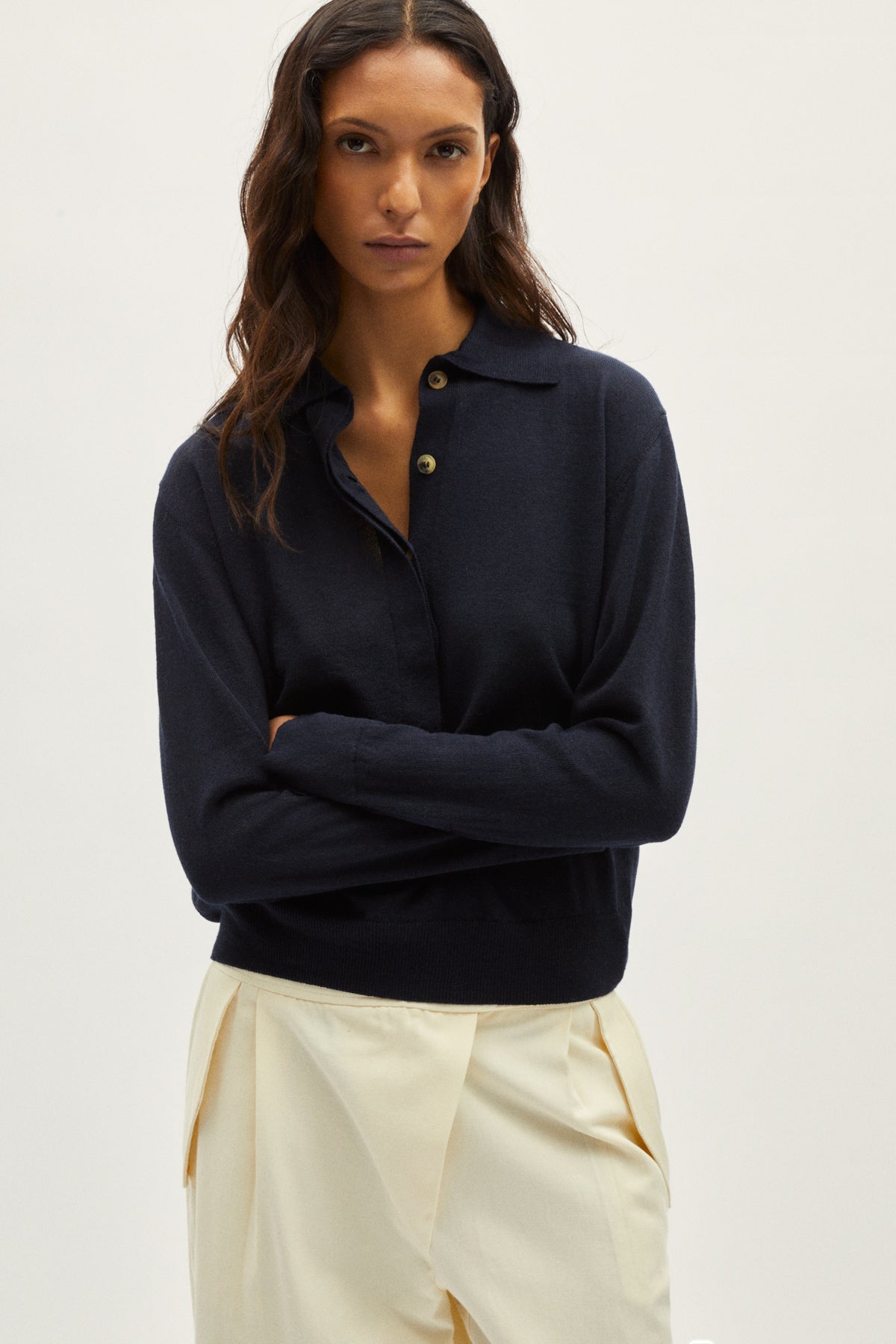 the linen cotton vintage long sleeve polo blue navy