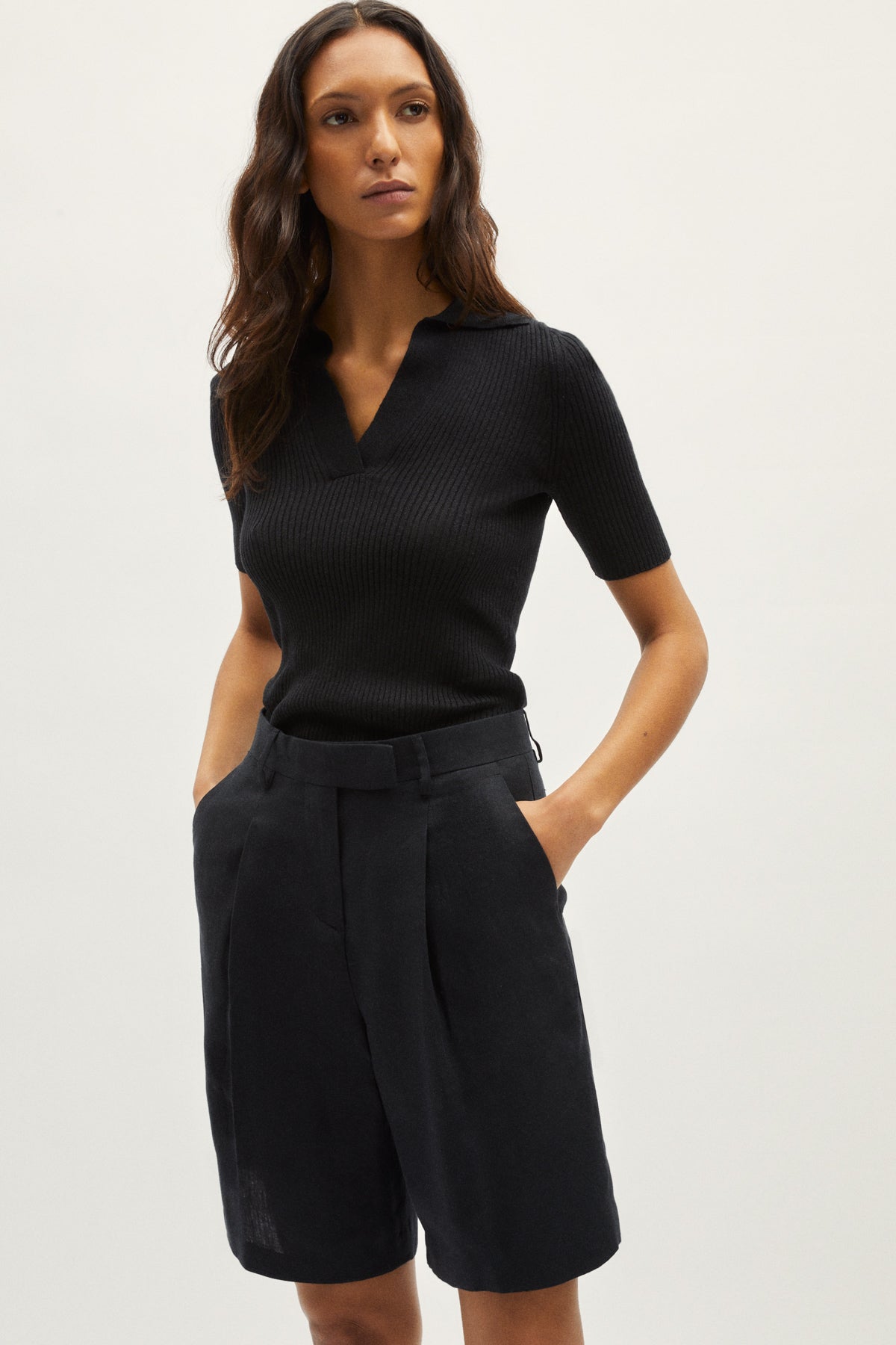 the linen twill shorts black