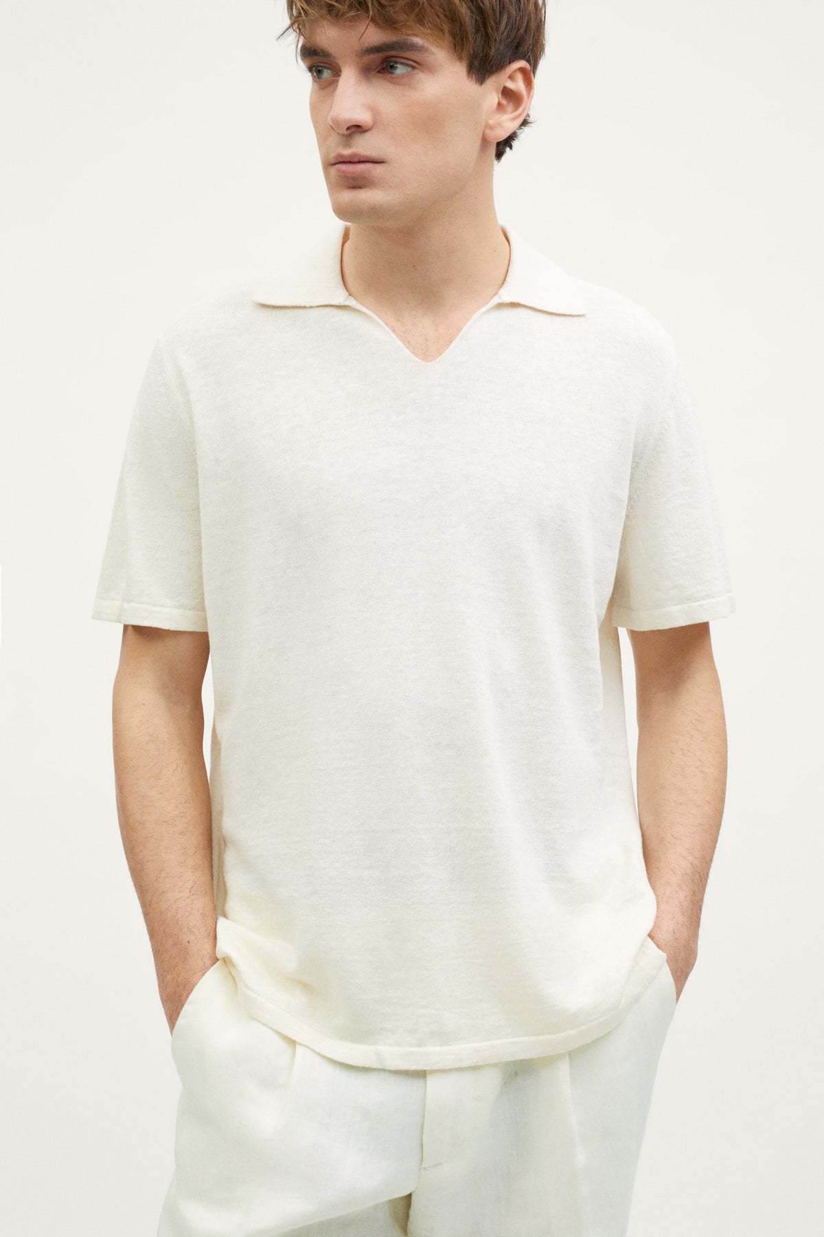 the linen cotton v neck polo milk white