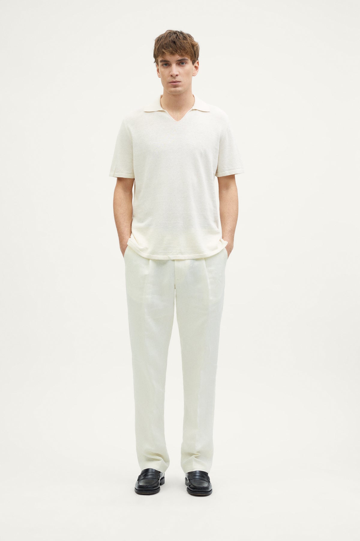 the linen cotton v neck polo milk white