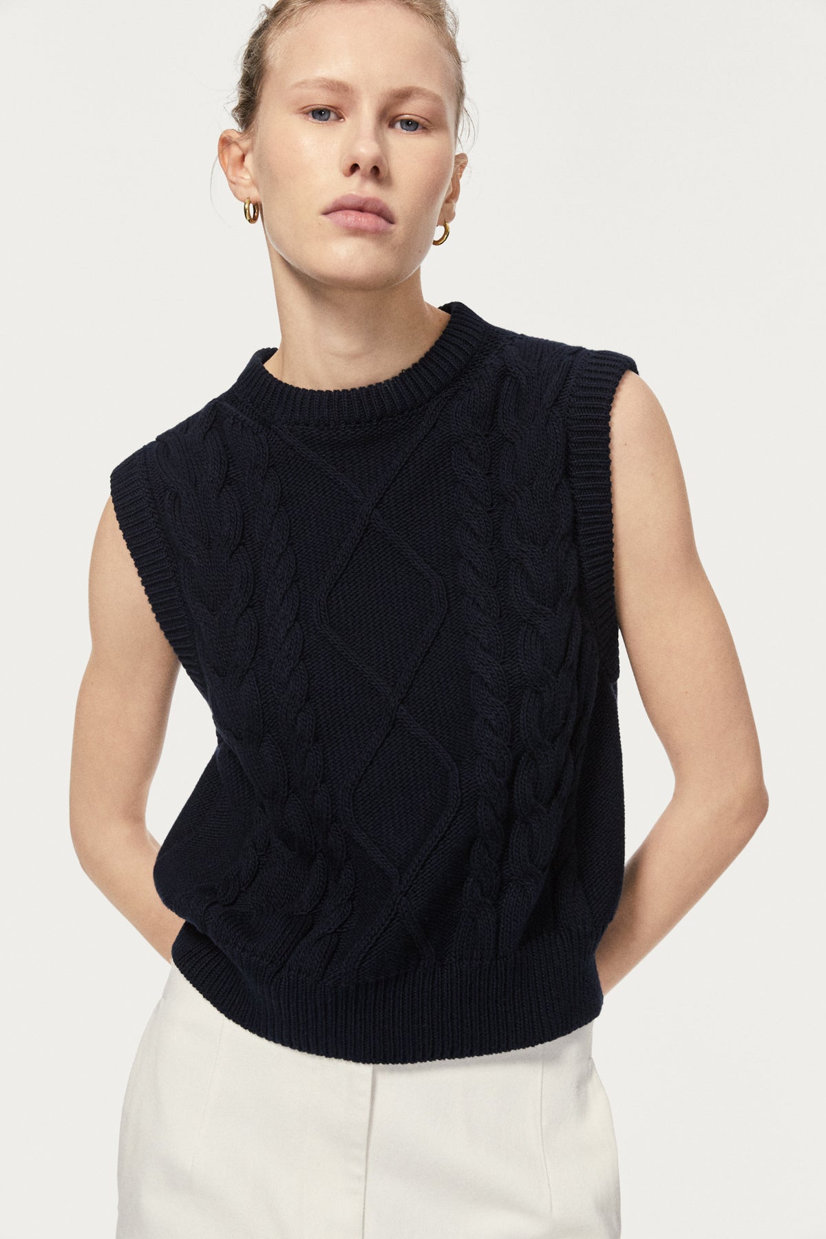 The Organic Cotton Aran Tricot Vest deep blue