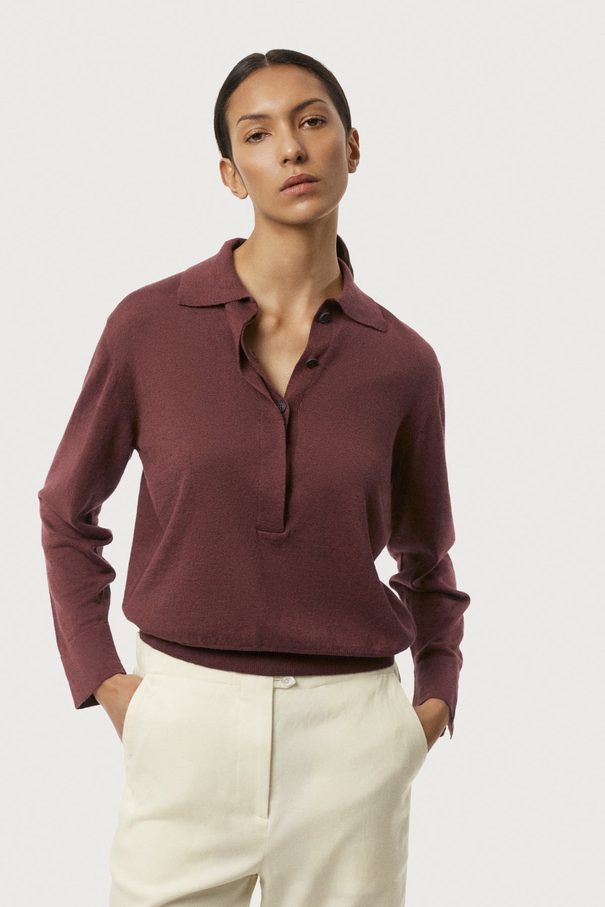 The Linen Cotton Vintage Long Sleeve Polo Mahogany