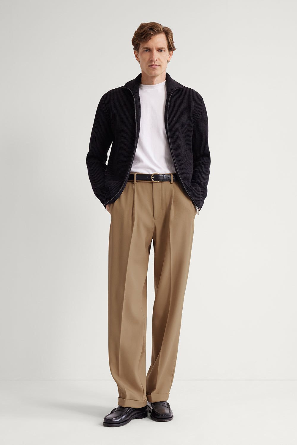 The Merino Wool Polo Collar Zip Cardigan Black