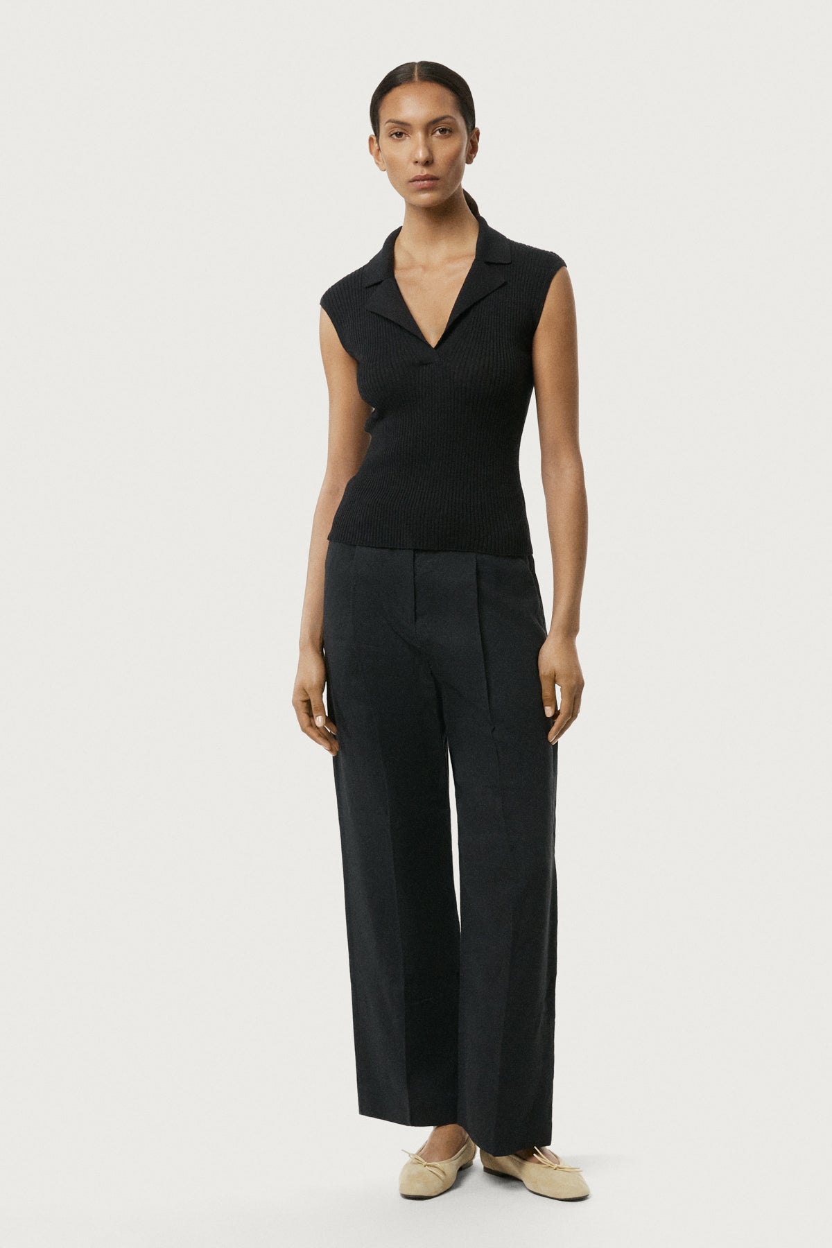 The Linen Cotton Lapel-Neck Top Black