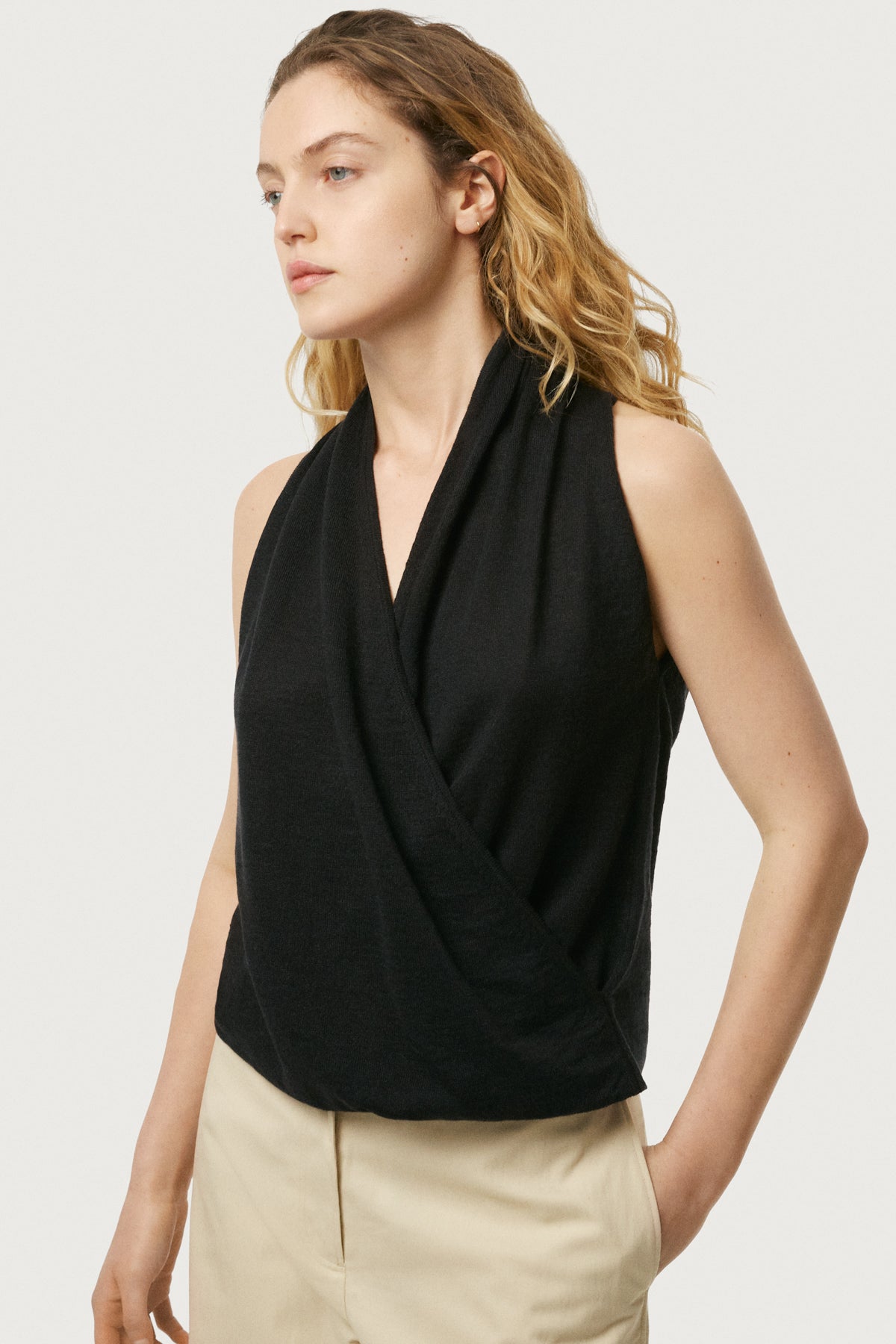 The Linen Cotton Wrap Top Black