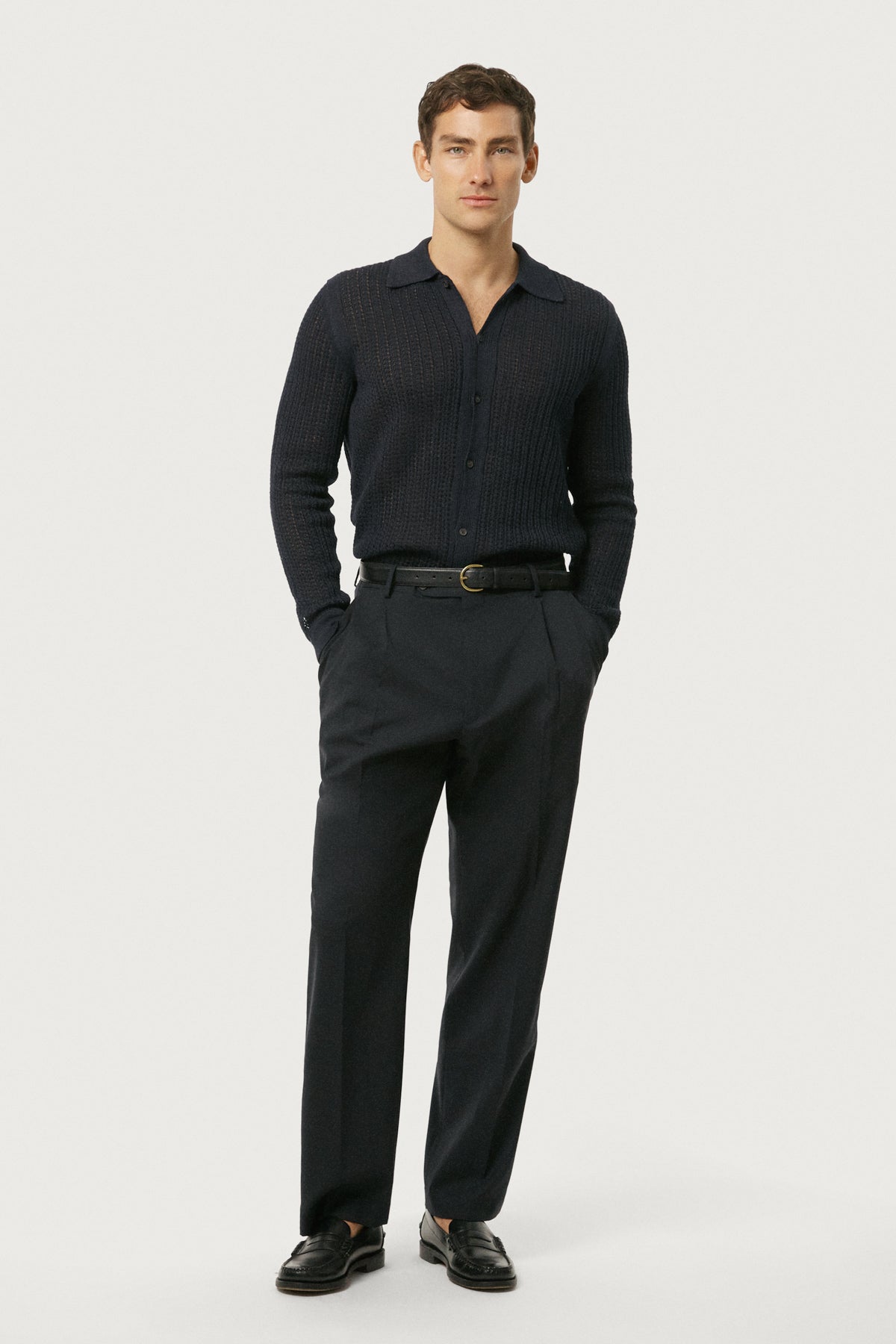 The Linen Cotton Garter Stitch Shirt Navy Blue
