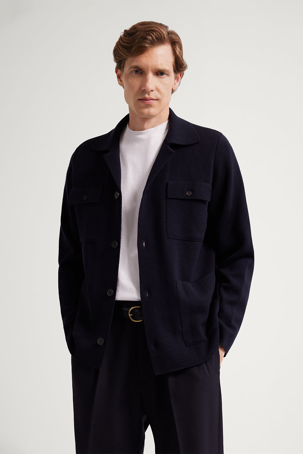 The Merino Wool Bowling Collar Jacket Oxford Blue