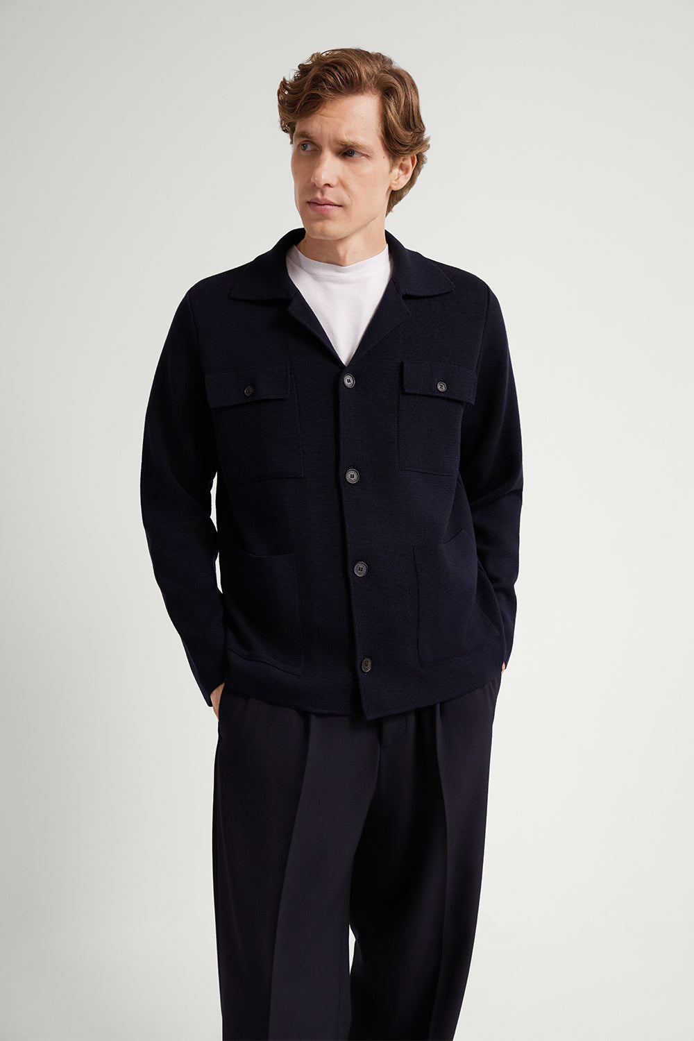 The Merino Wool Bowling Collar Jacket Oxford Blue