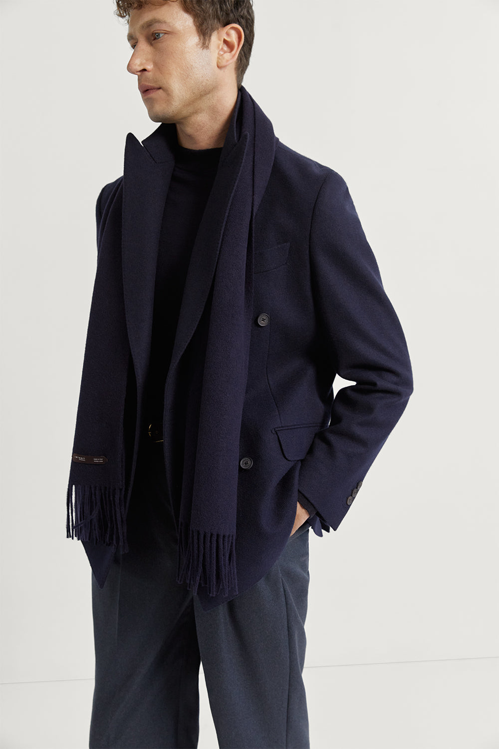 The Fringed Wool Scarf Navy Blue