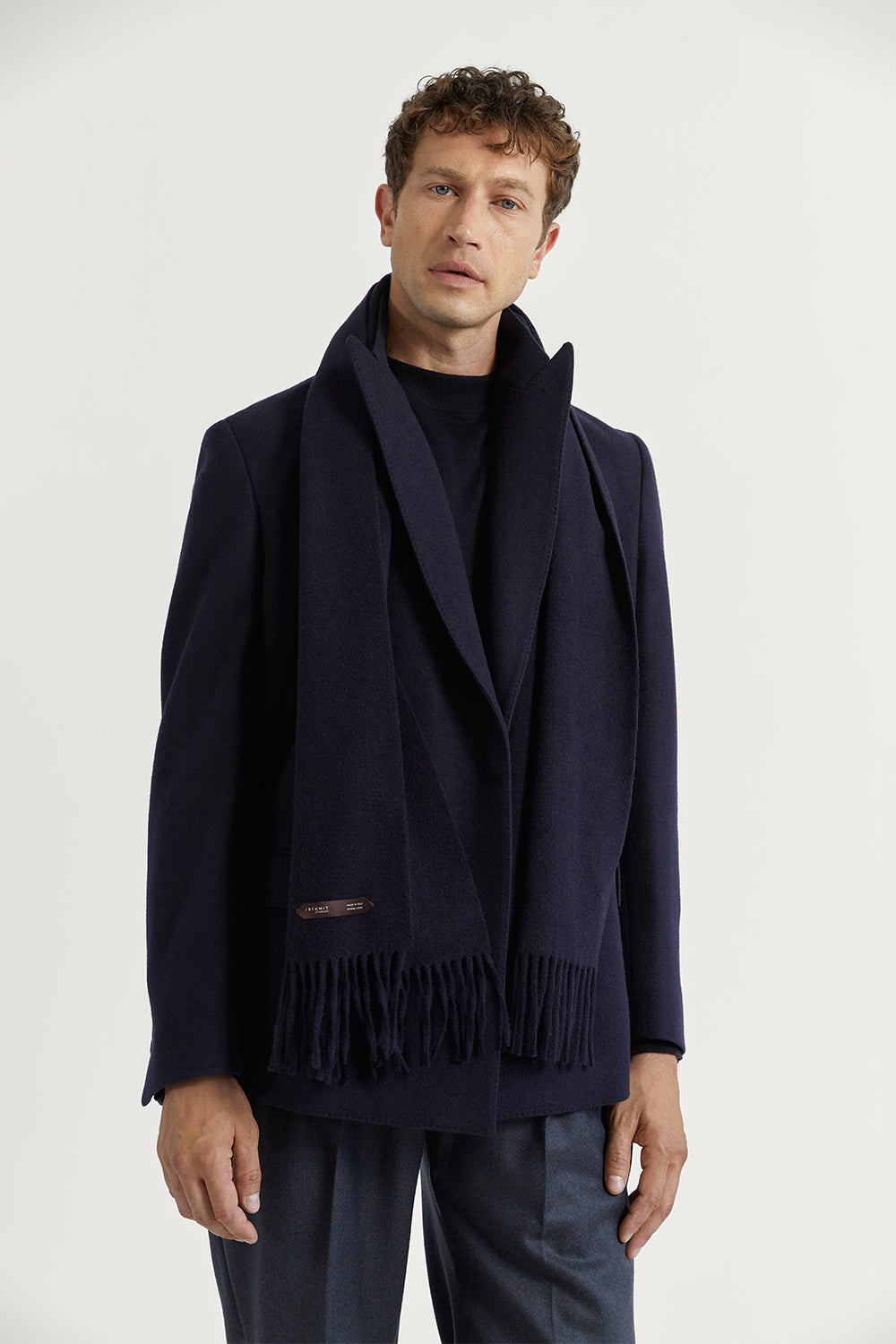 The Fringed Wool Scarf Navy Blue