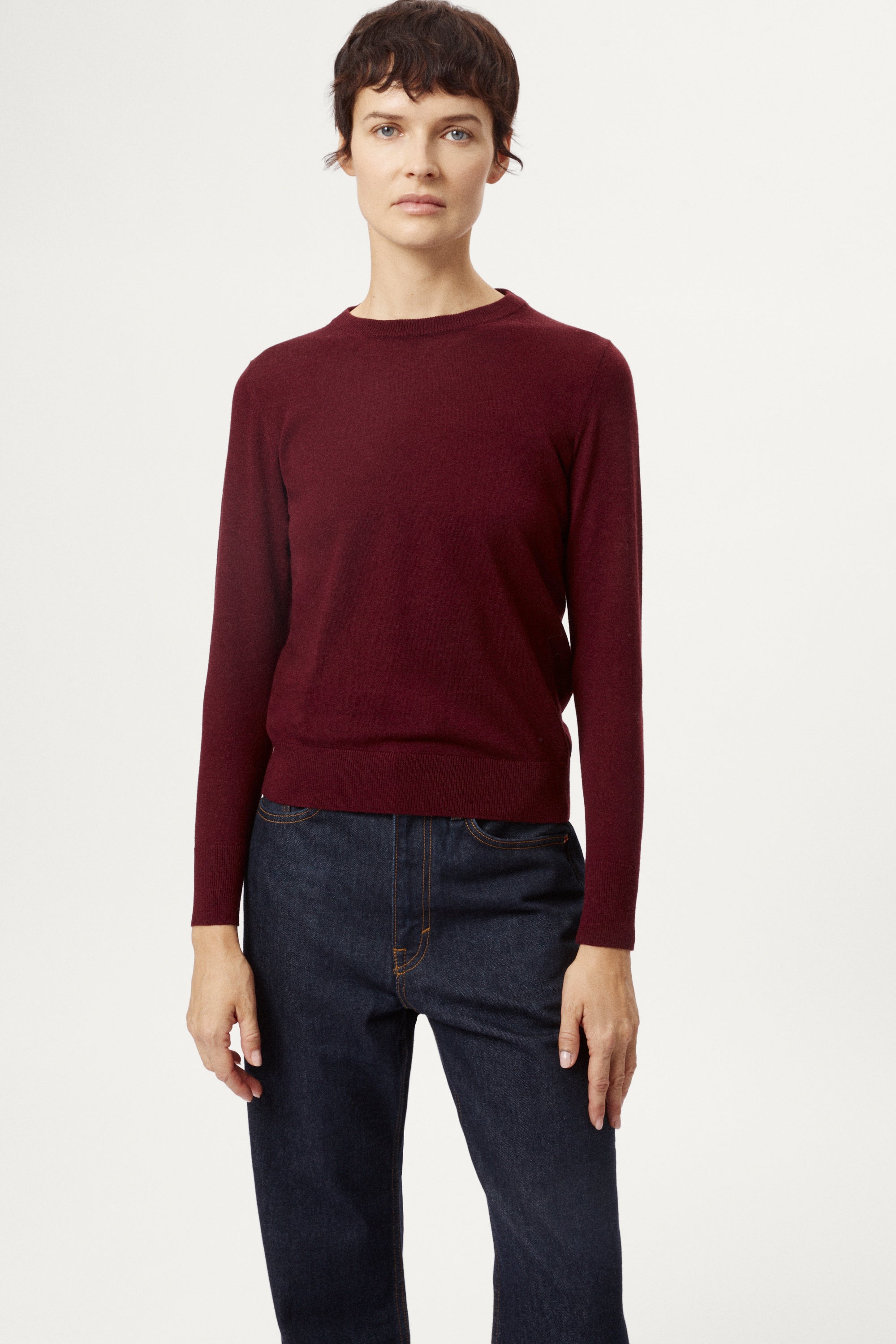 Person wearing a burgundy sweater and dark jeans on a white background