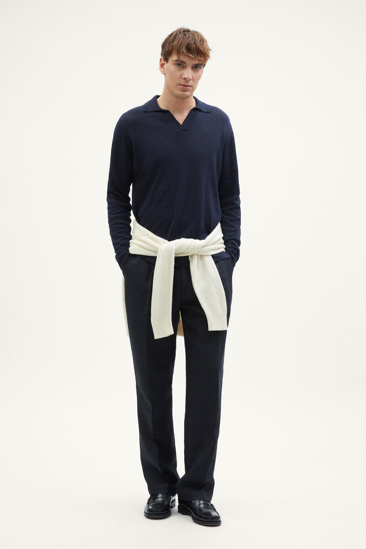 The Long-Sleeve Linen Cotton Polo blue