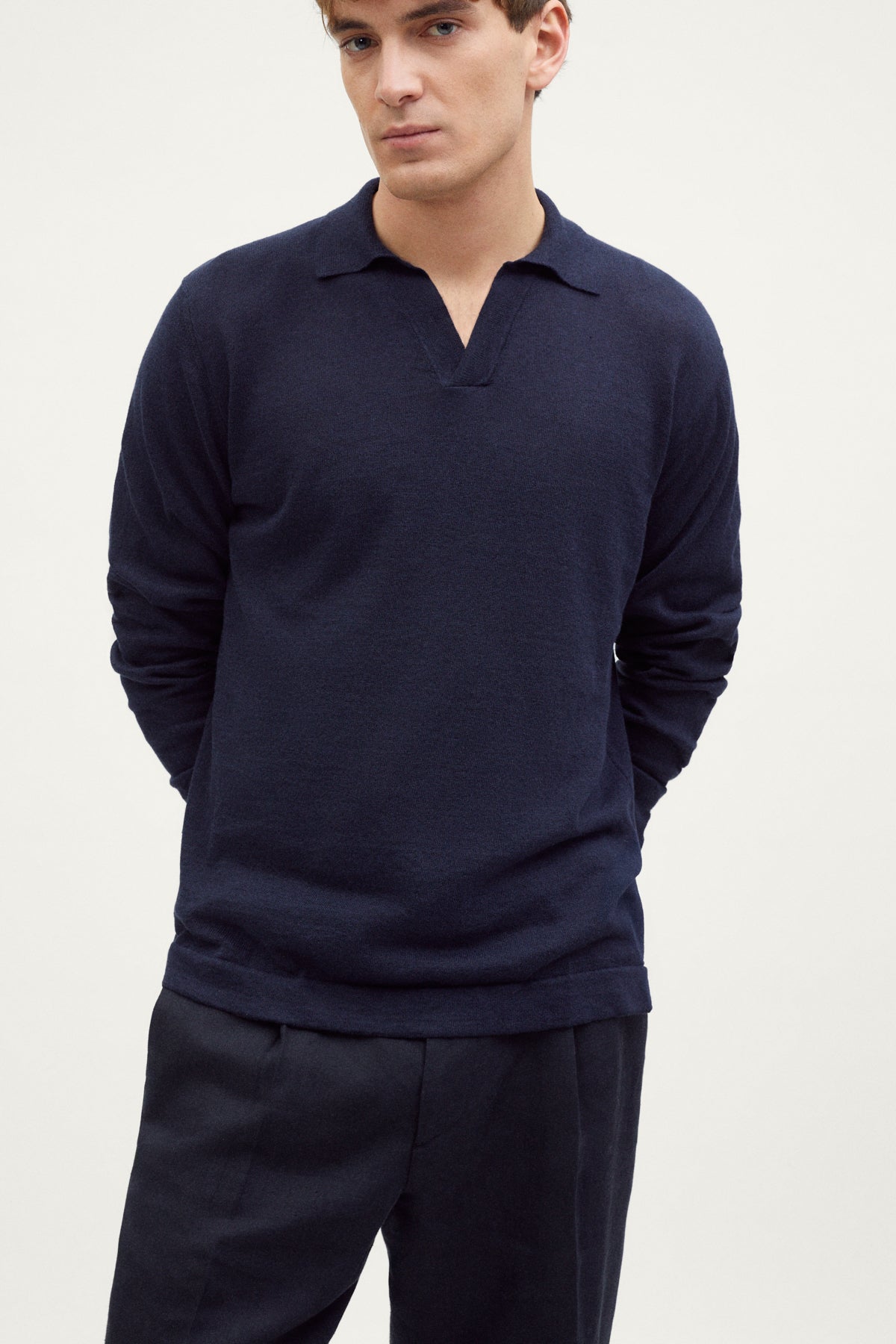 The Long-Sleeve Linen Cotton Polo blue