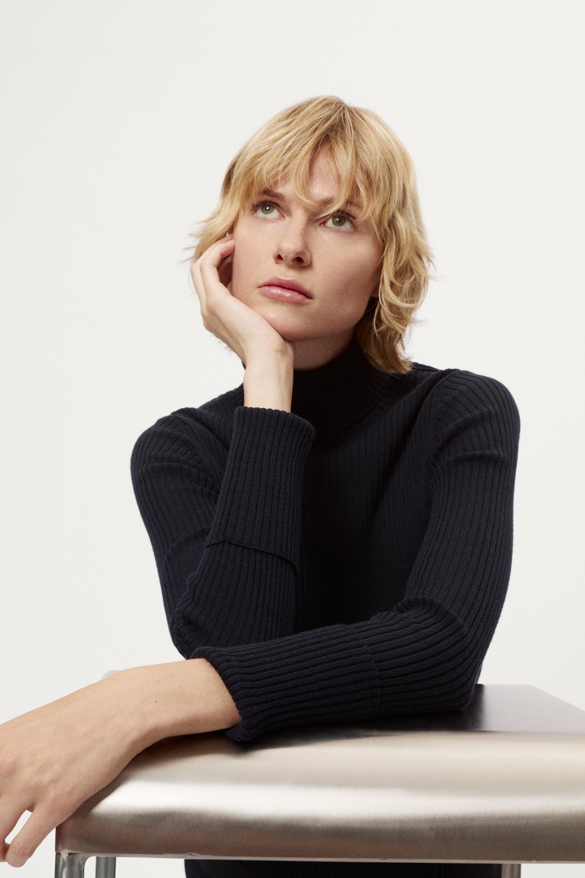 The Merino Wool Elevated Ribbed Roll Neck blue navy