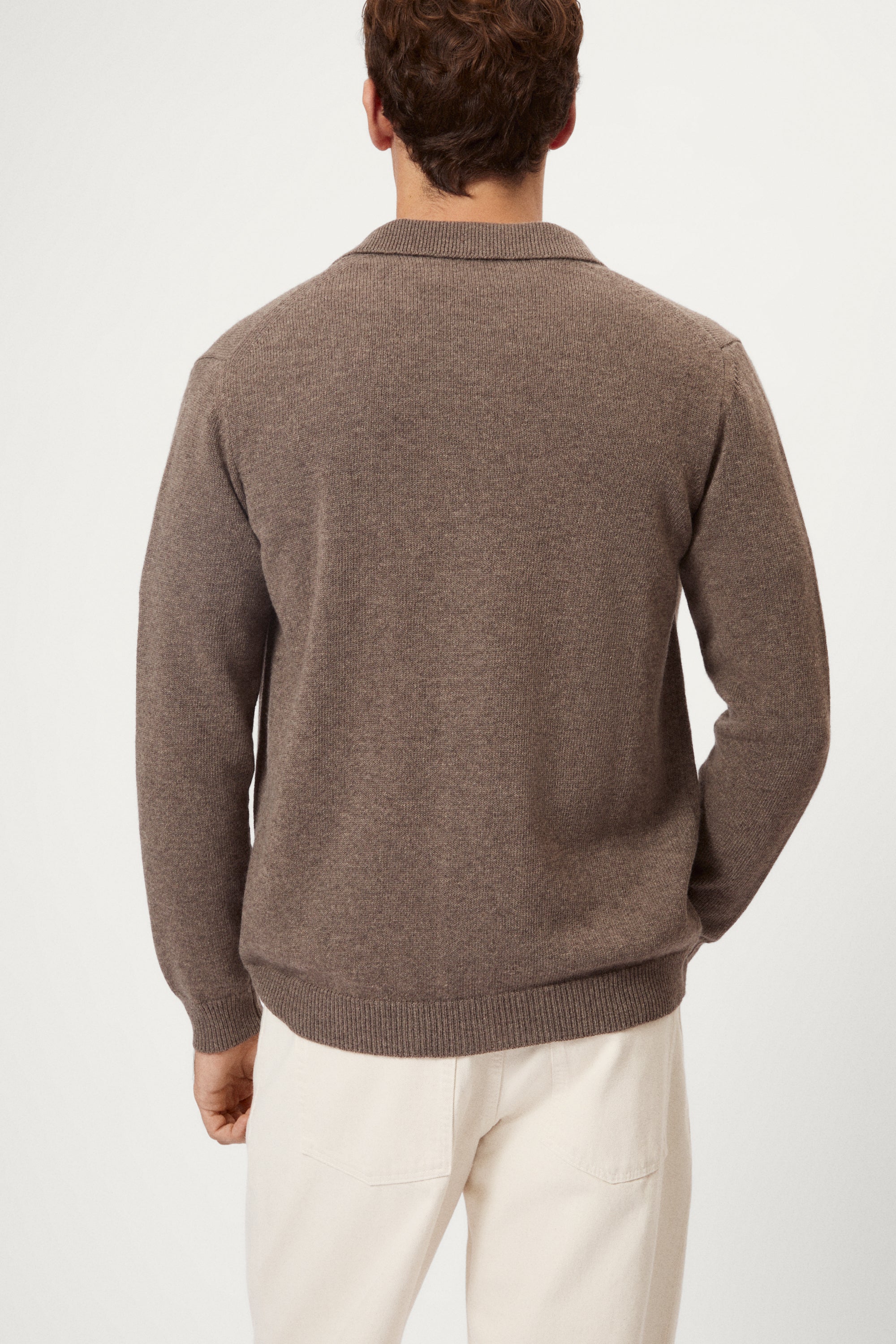 Man wearing a brown woolen polo shirt on a white background