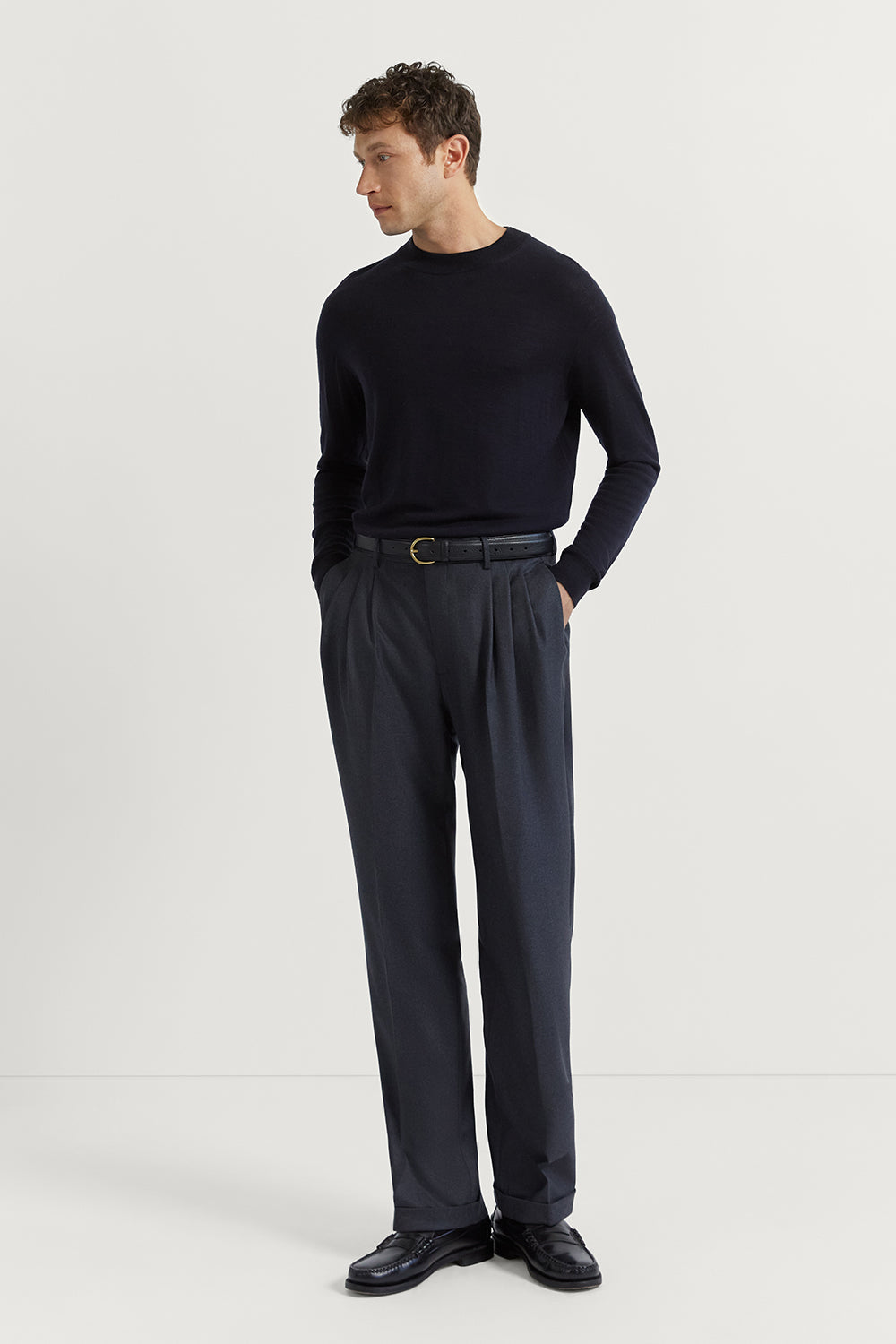 The Flannel Triple Pleat Trousers Anthracite Melange