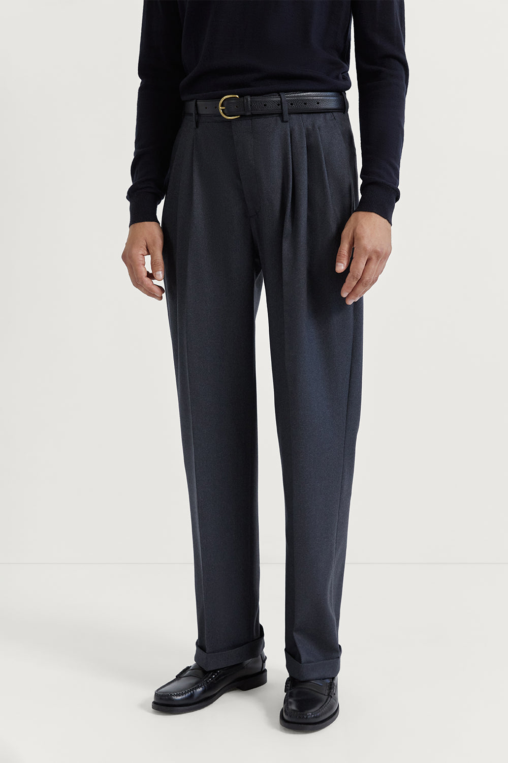 The Flannel Triple Pleat Trousers Anthracite Melange