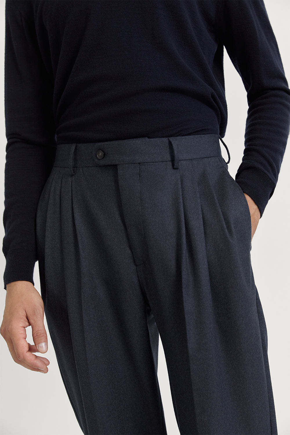 The Flannel Triple Pleat Trousers Anthracite Melange