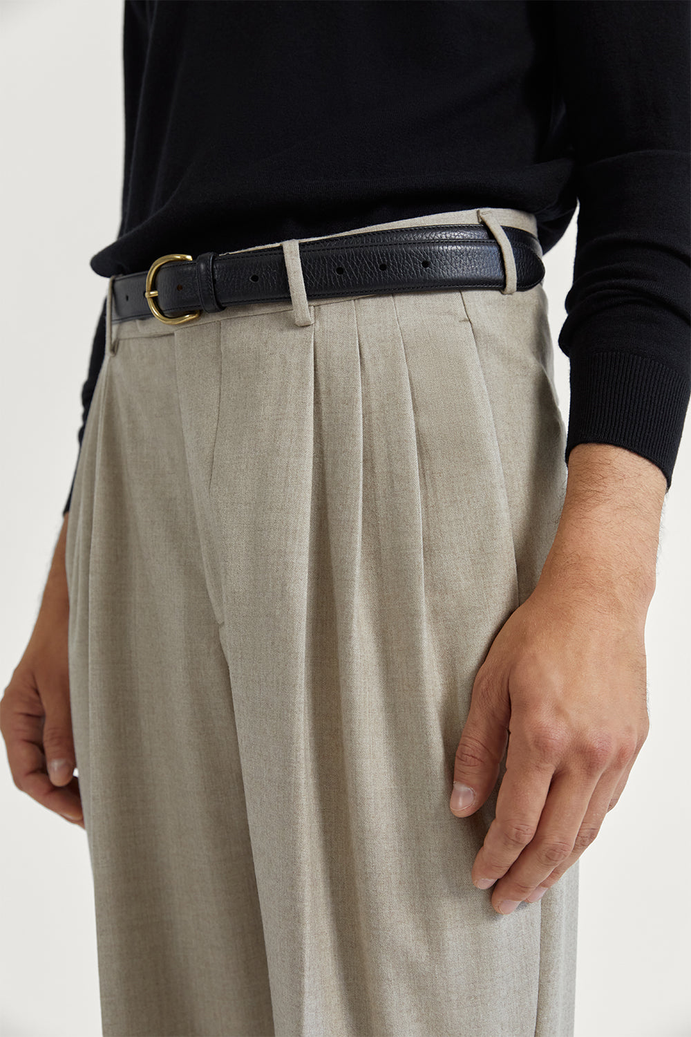The Flannel Triple Pleat Trousers Oat Melange