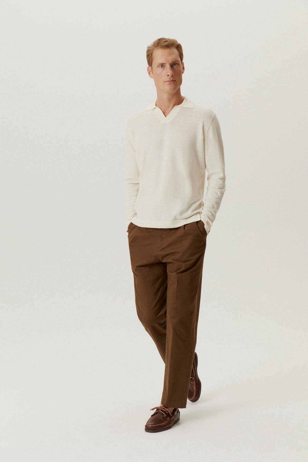 the long sleeve linen cotton polo milk white