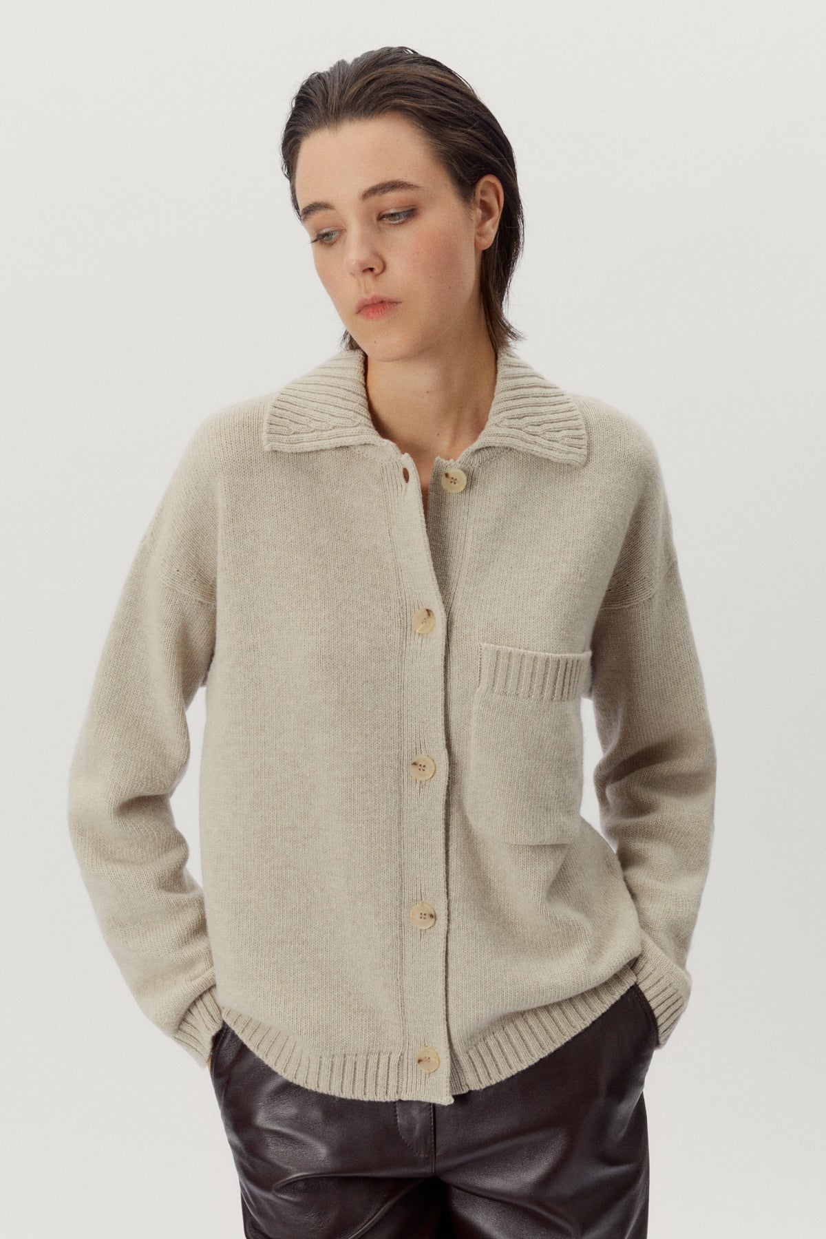 the woolen polo collar jacket ecru