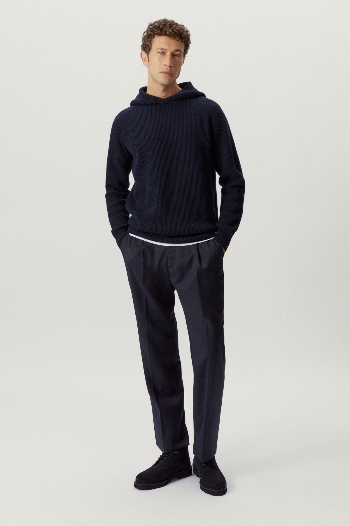 the woolen ribbed hoodie sweater blue navy