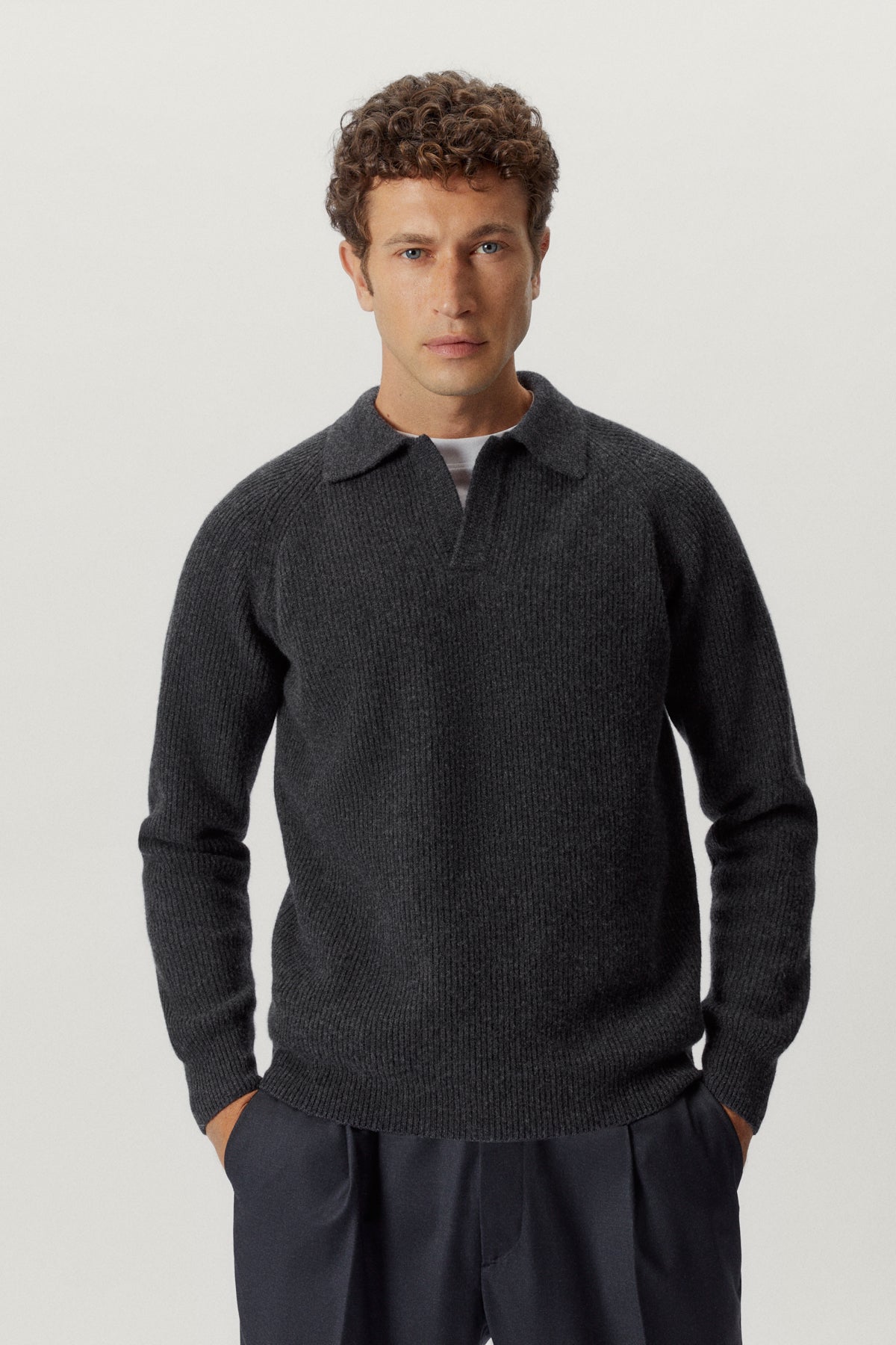 the woolen ribbed polo ash grey